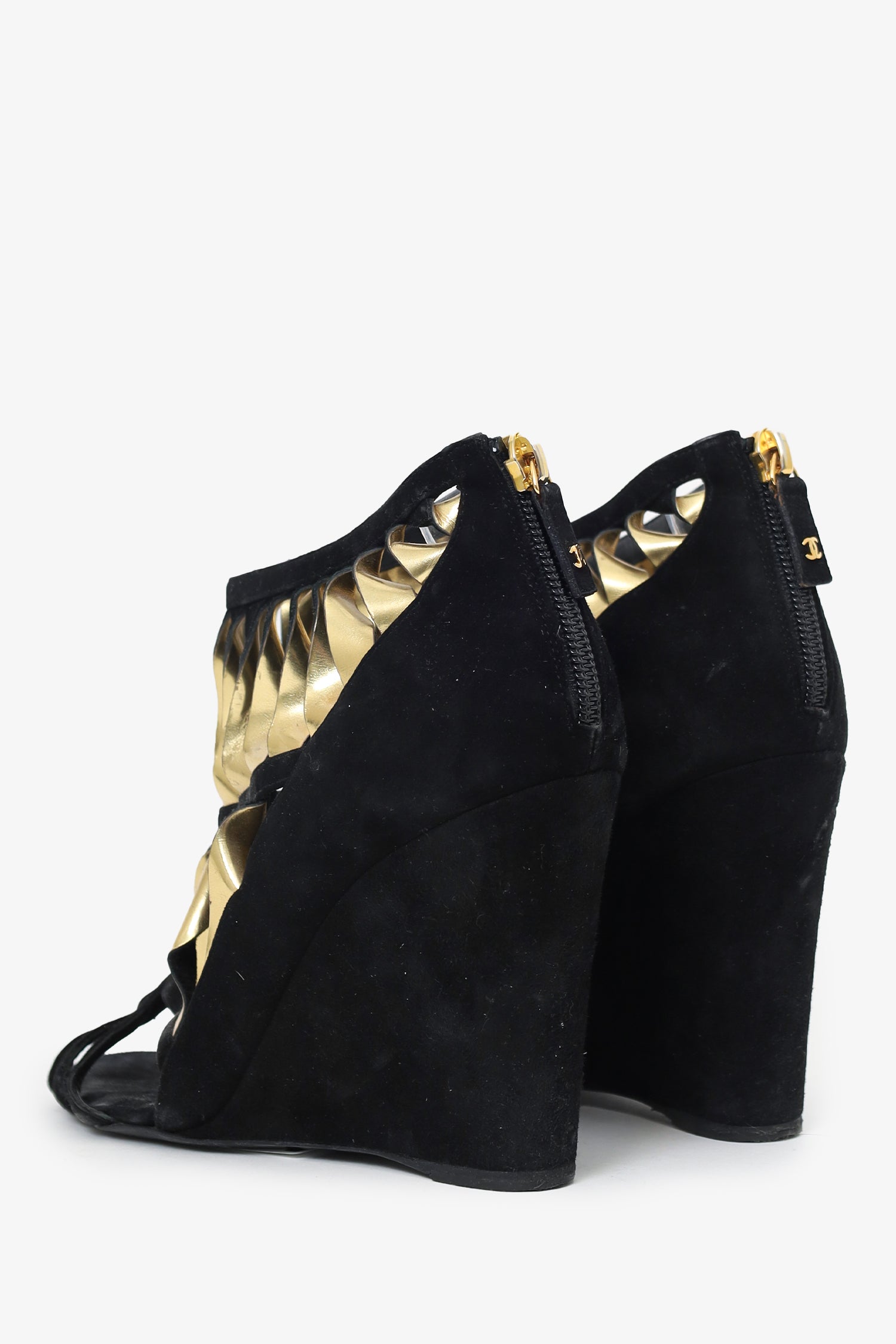 Chanel™ Black/Gold Suede Wedges Size 37