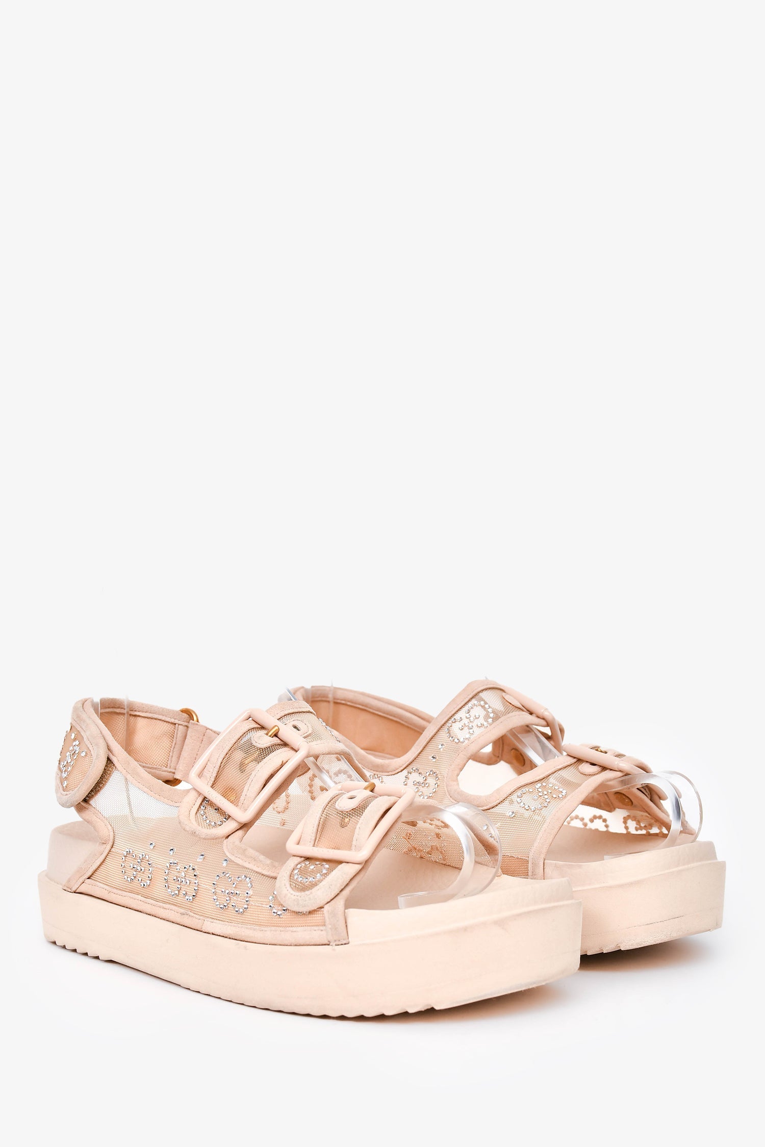 Gucci Beige Mesh/Rubber Crystal Embellished GG Sandals Est Size 38