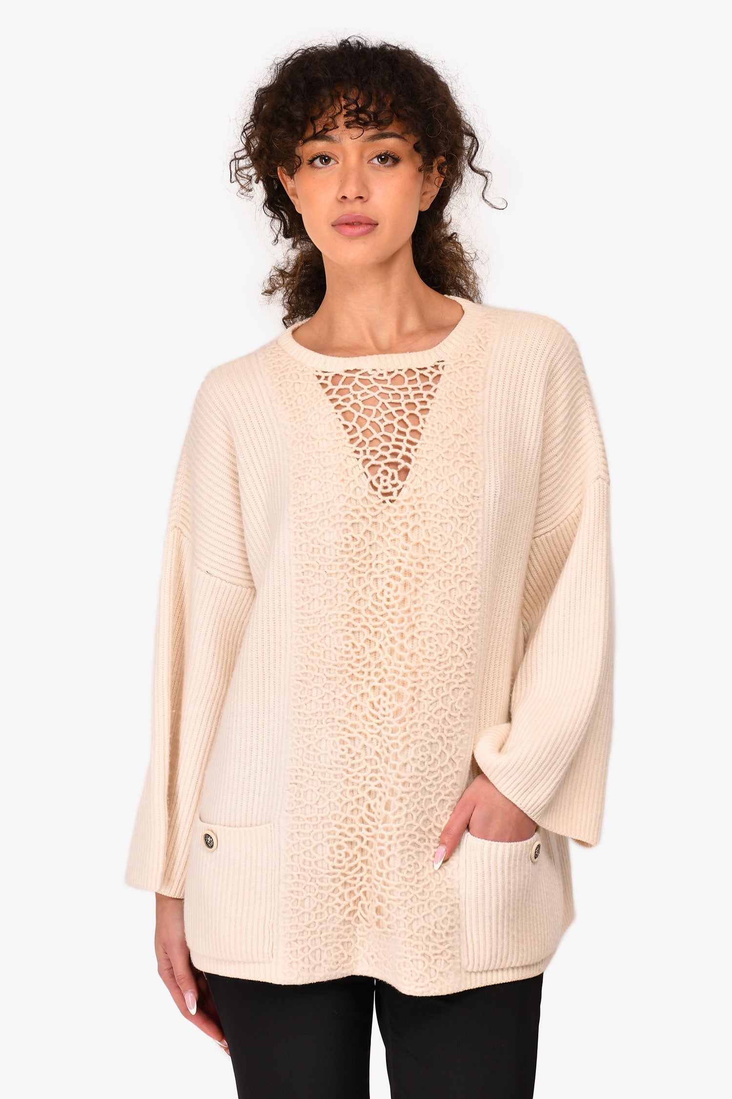 Chanel™ 2014 Cream Cashmere Camellia Flower Detail Sweater Size 40