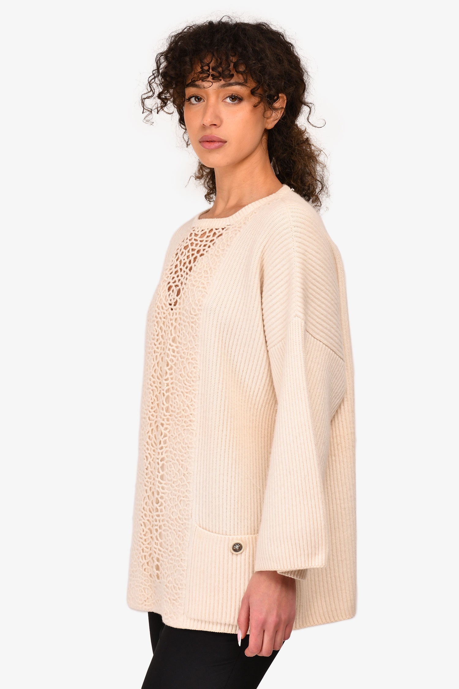 Chanel™ 2014 Cream Cashmere Camellia Flower Detail Sweater Size 40