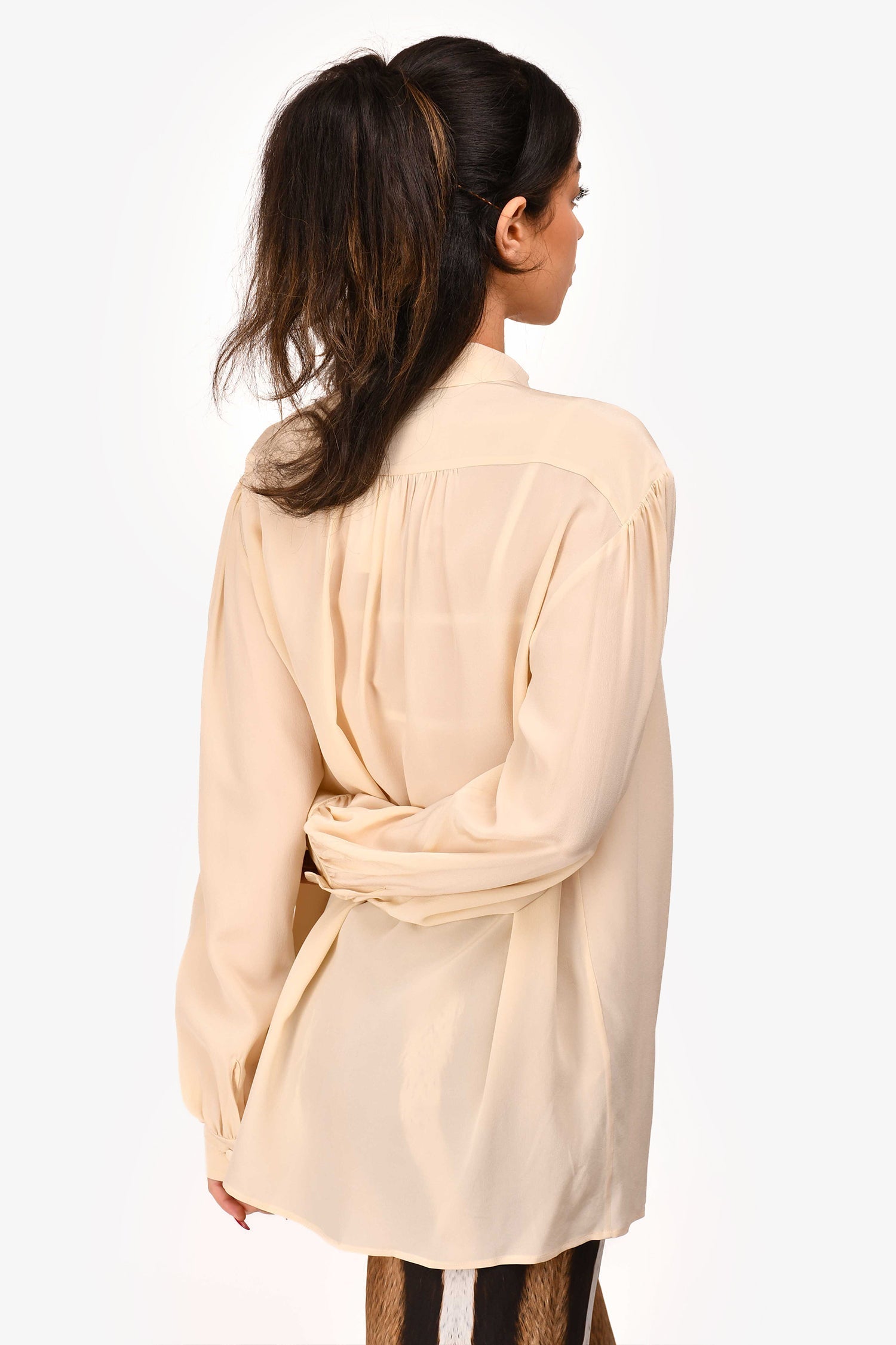 Gucci 2020 Beige Silk Ribbon Detail Button Up Blouse Size 44