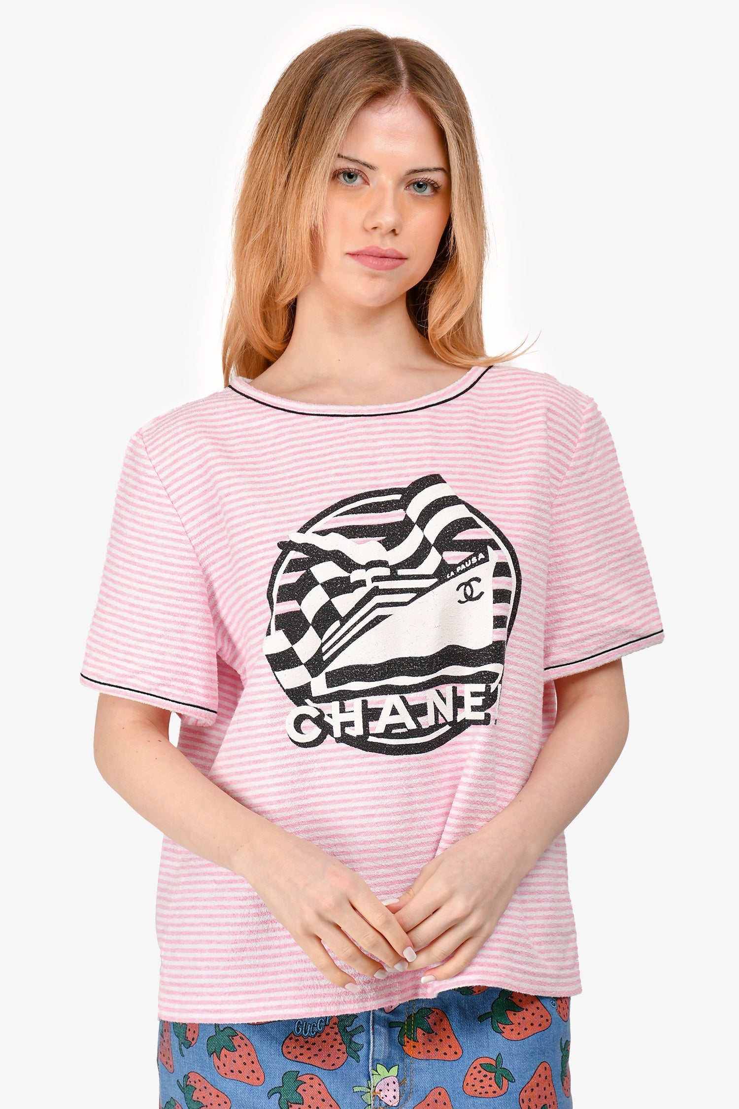 Chanel™ Cruise 2019 Pink/White Terry Cloth Striped Graphic Printed Top Size 44 (As Is)