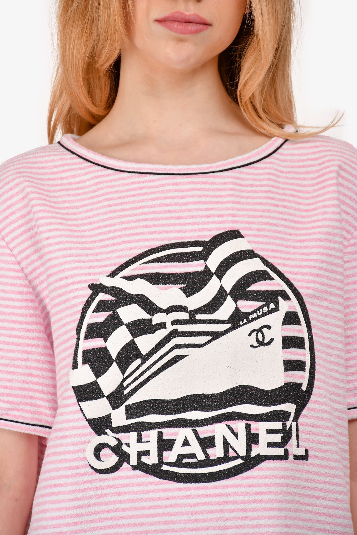 Chanel™ Cruise 2019 Pink/White Terry Cloth Striped Graphic Printed Top Size 44 (As Is)