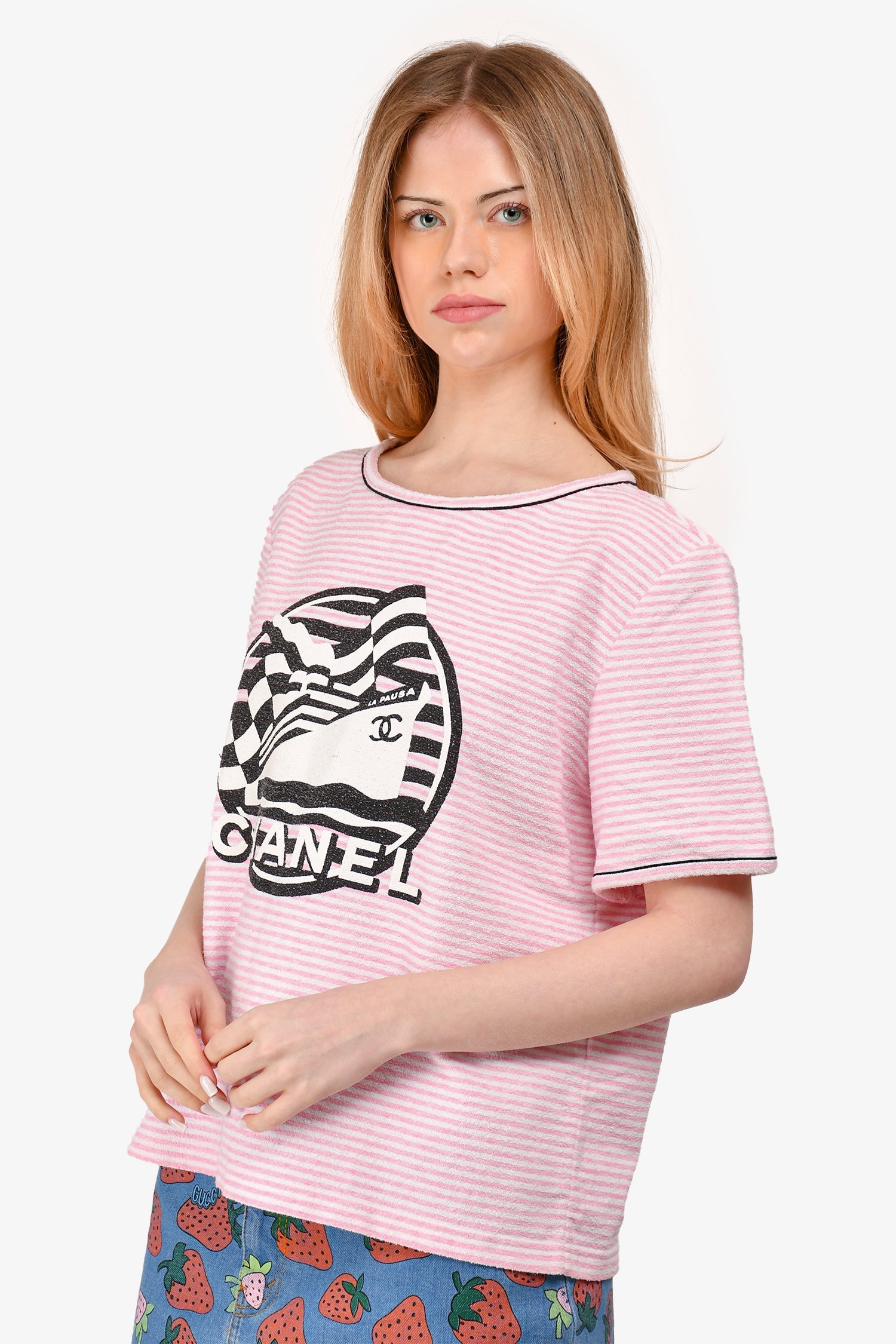 Chanel™ Cruise 2019 Pink/White Terry Cloth Striped Graphic Printed Top Size 44 (As Is)