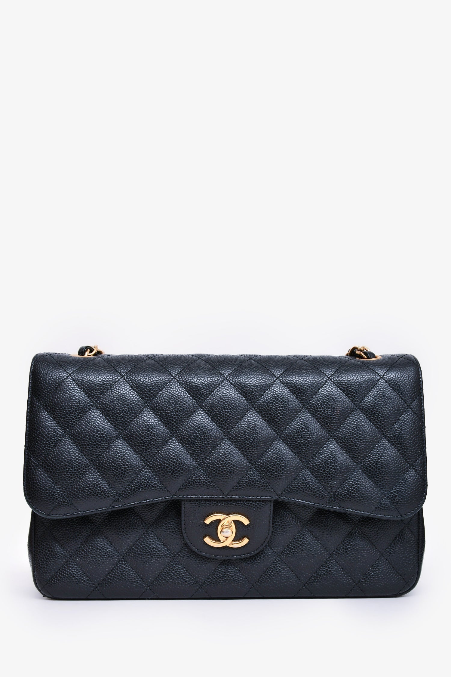 Chanel™ 2019 Black Caviar Leather Jumbo Double Flap Should Bag