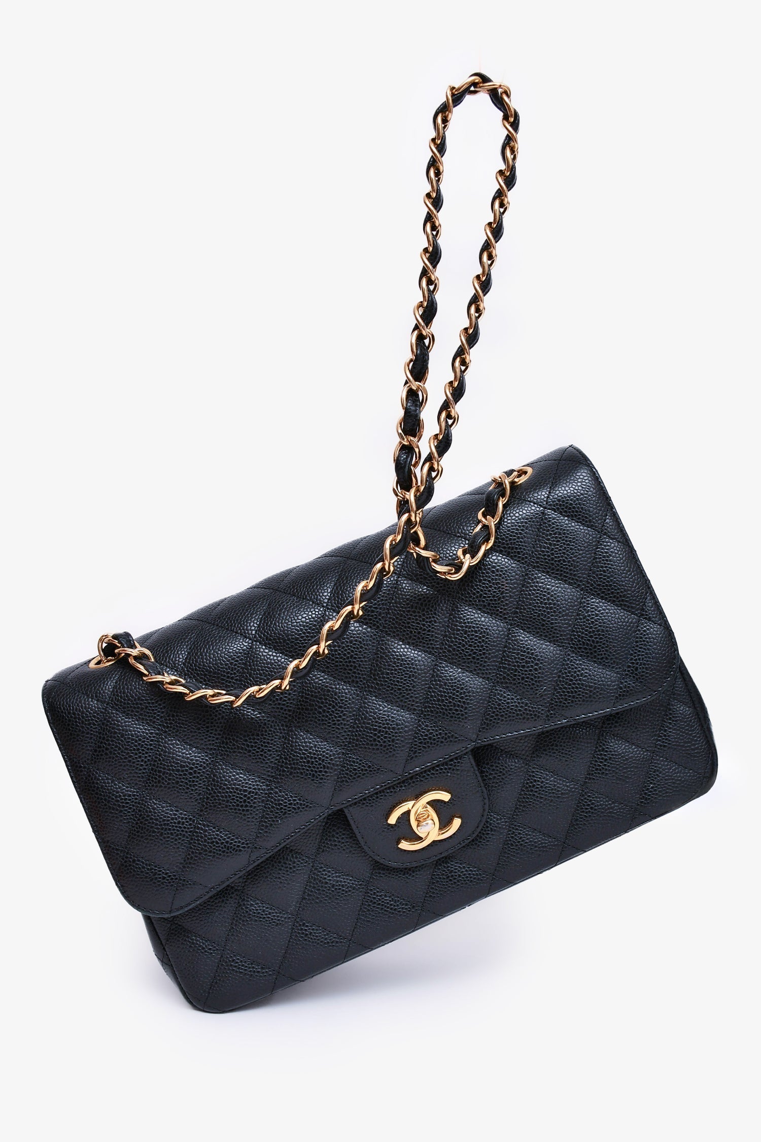 Chanel™ 2019 Black Caviar Leather Jumbo Double Flap Should Bag