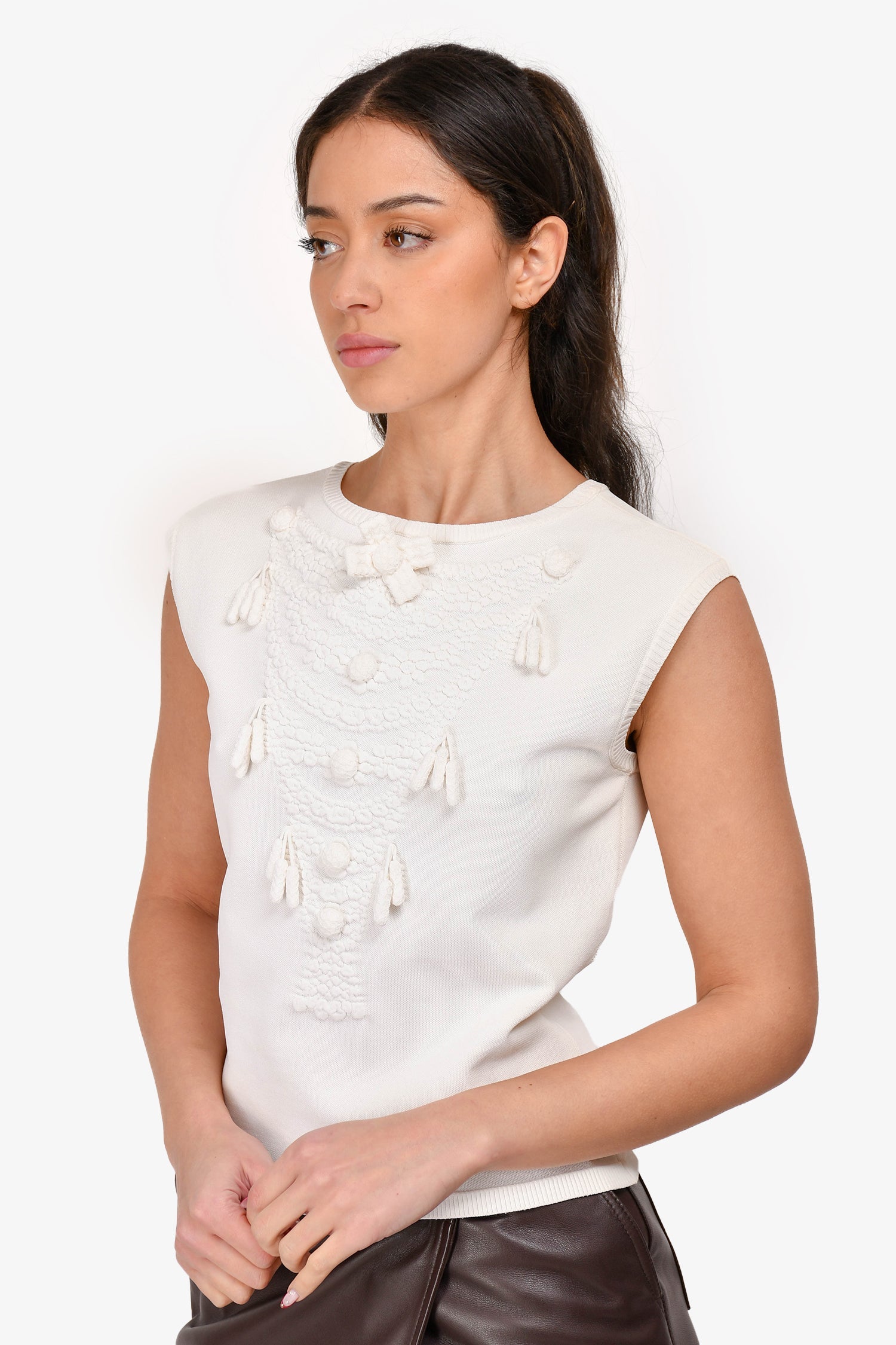 Chanel™ 2005 White Knit Embroidered Tassel Sleeveless Top Size 38