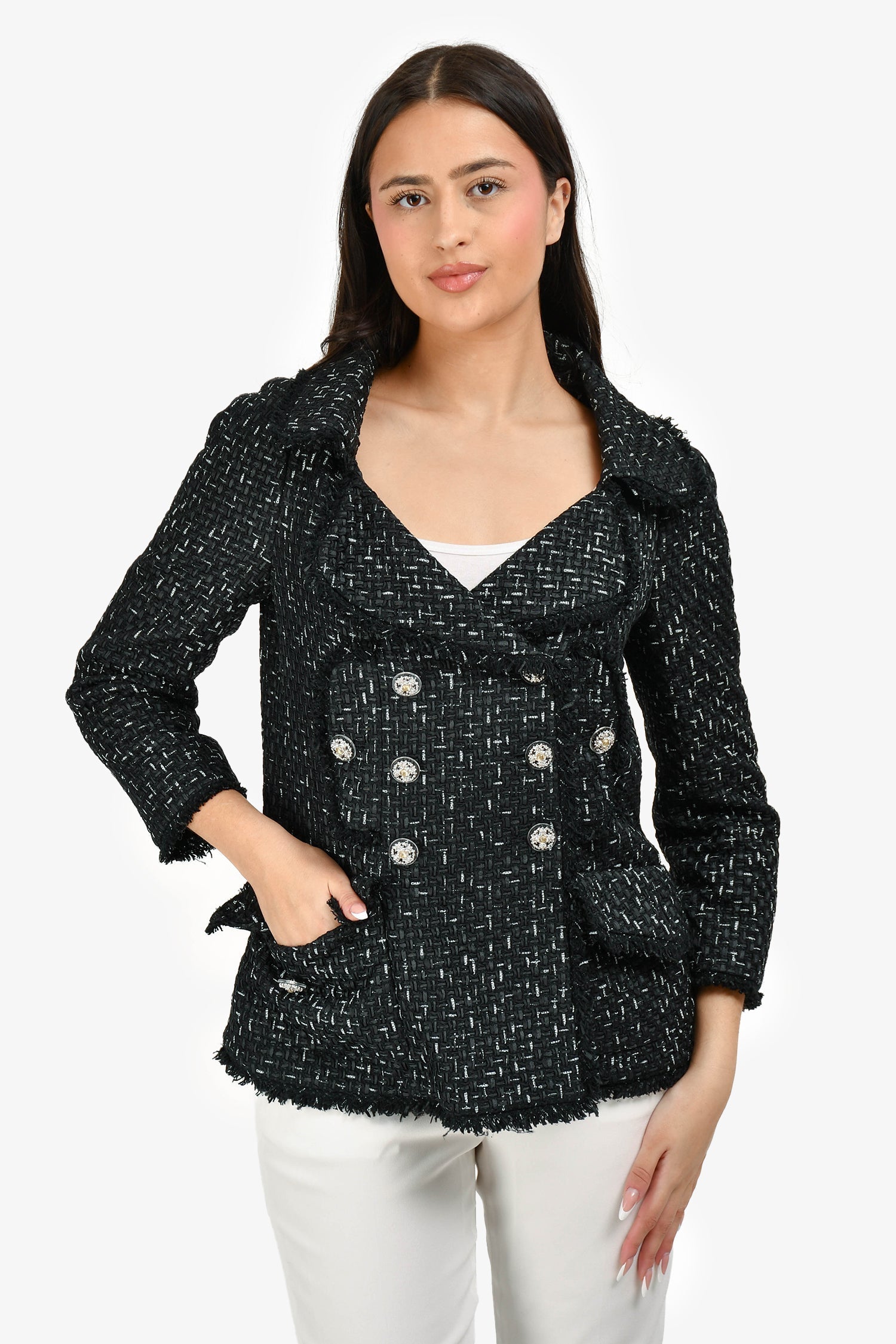 Chanel™ Cruise 2012 Black/White Logo Tweed Double Breasted Blazer Size 42