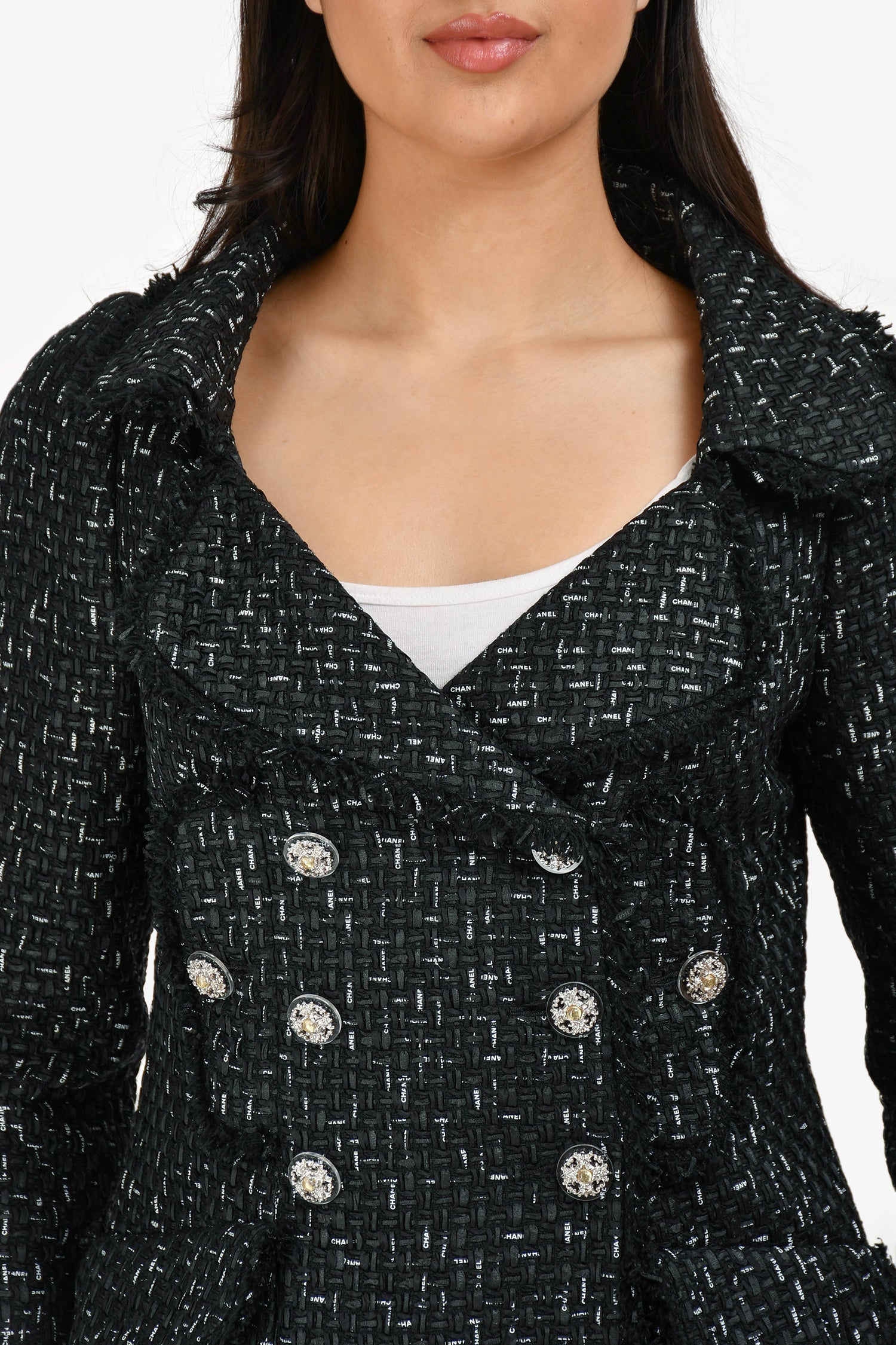 Chanel™ Cruise 2012 Black/White Logo Tweed Double Breasted Blazer Size 42