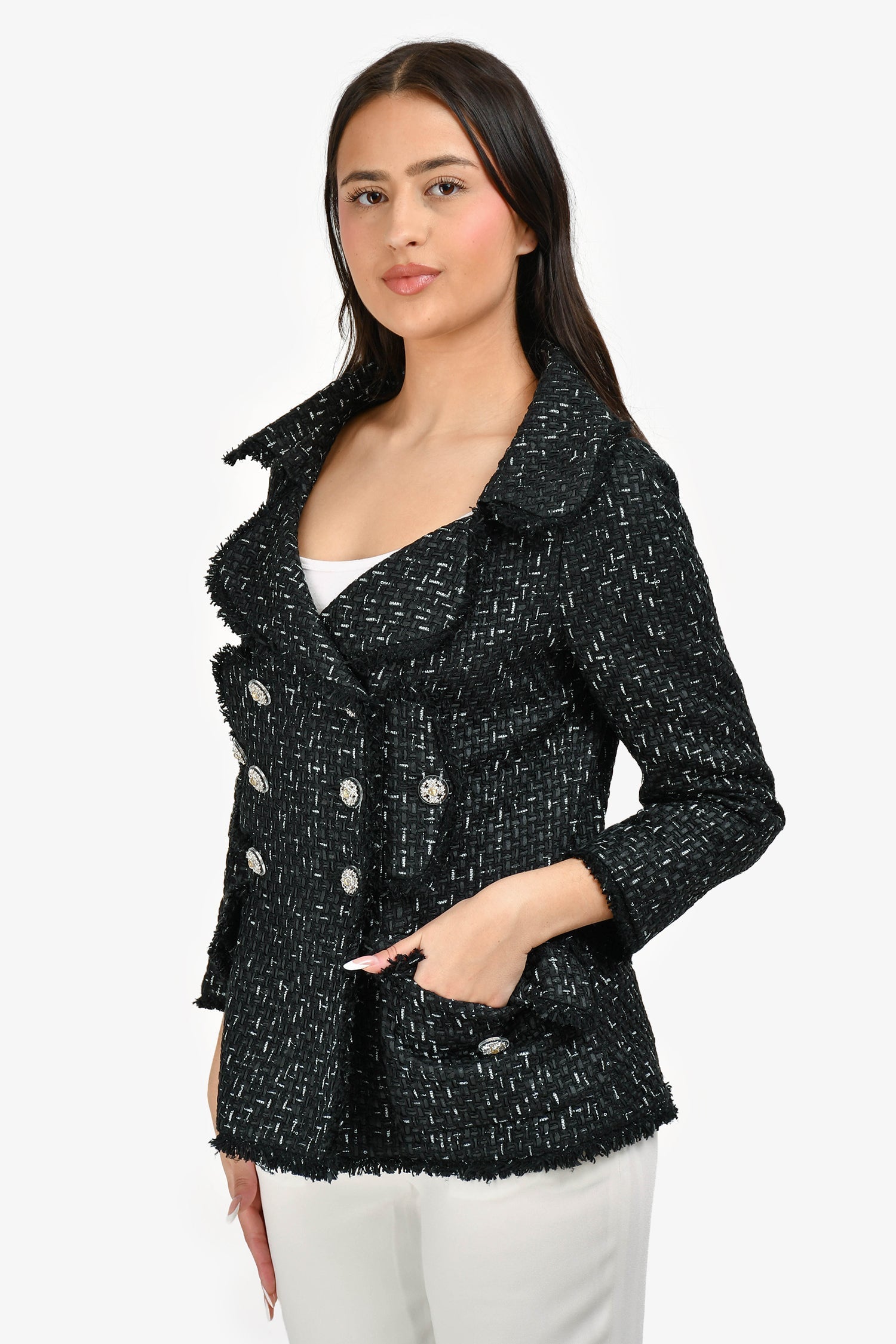 Chanel™ Cruise 2012 Black/White Logo Tweed Double Breasted Blazer Size 42