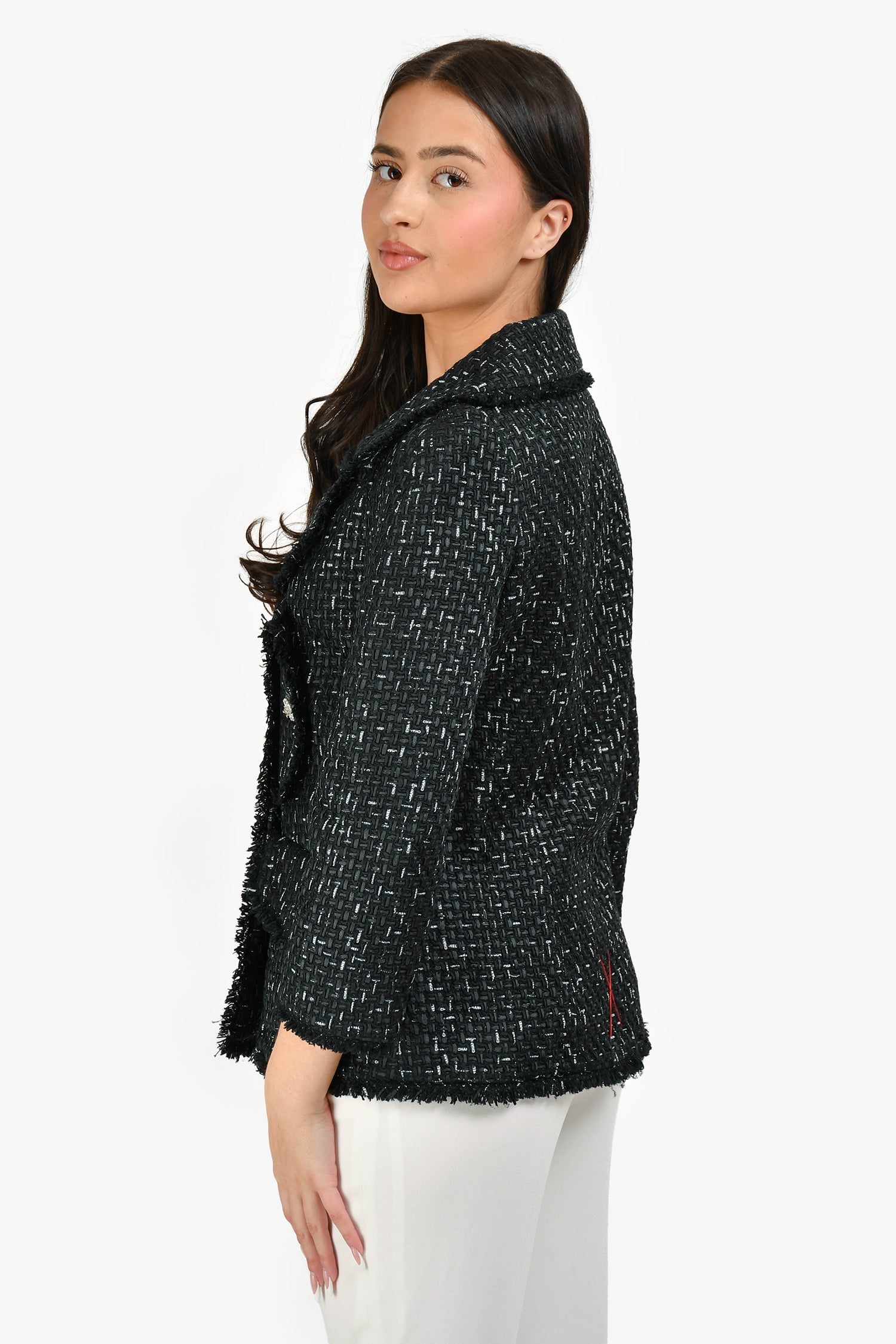 Chanel™ Cruise 2012 Black/White Logo Tweed Double Breasted Blazer Size 42