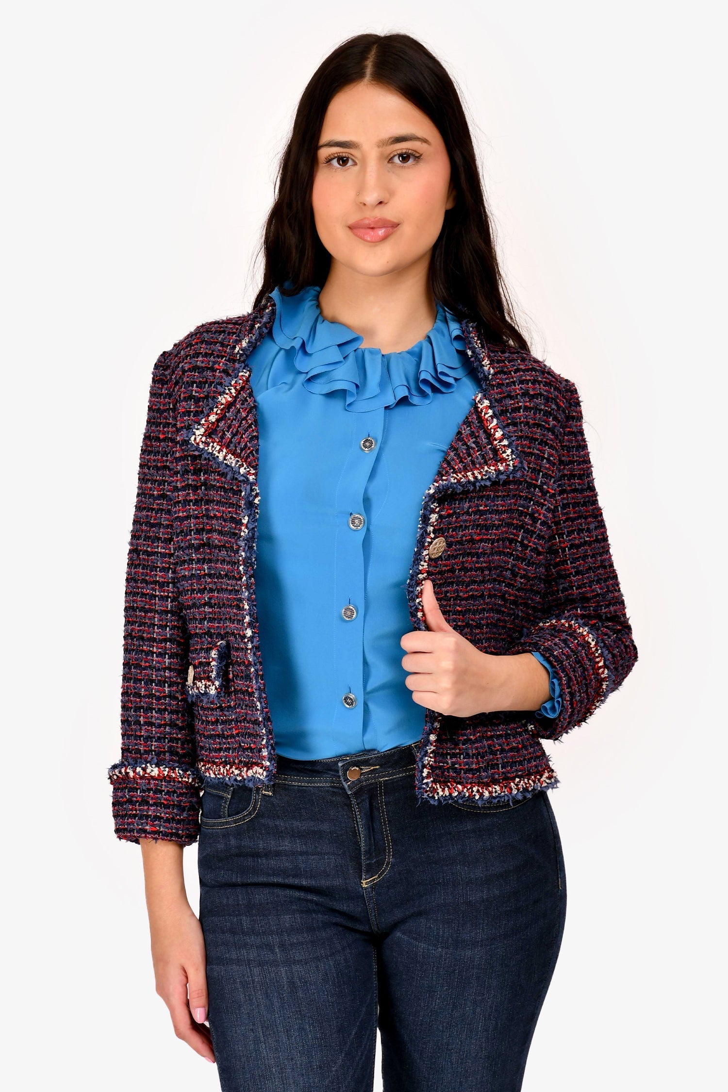 Chanel™ 2010 Red/Navy Blue Tweed Single Breasted Jacket Size 36