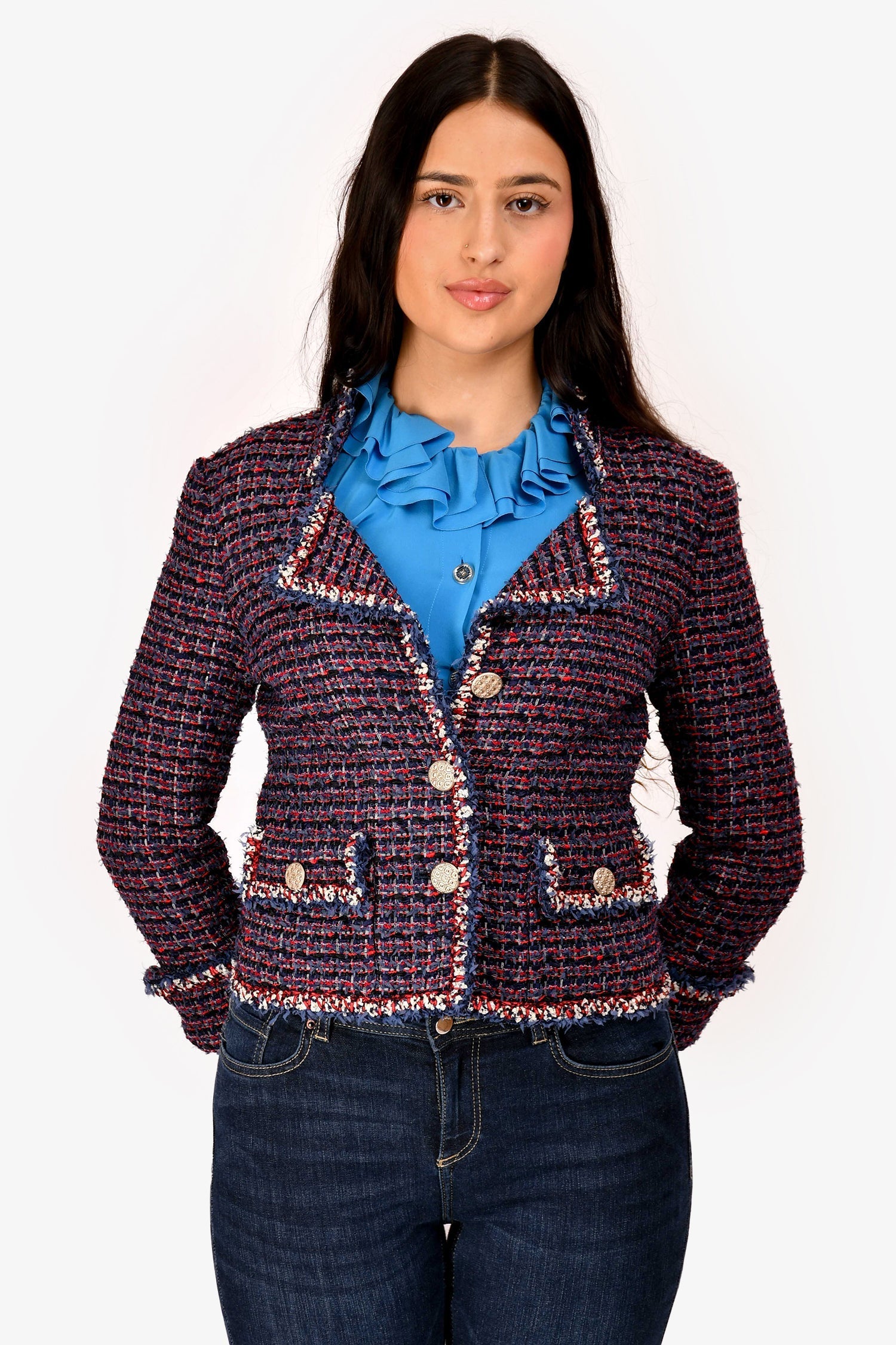 Chanel™ 2010 Red/Navy Blue Tweed Single Breasted Jacket Size 36