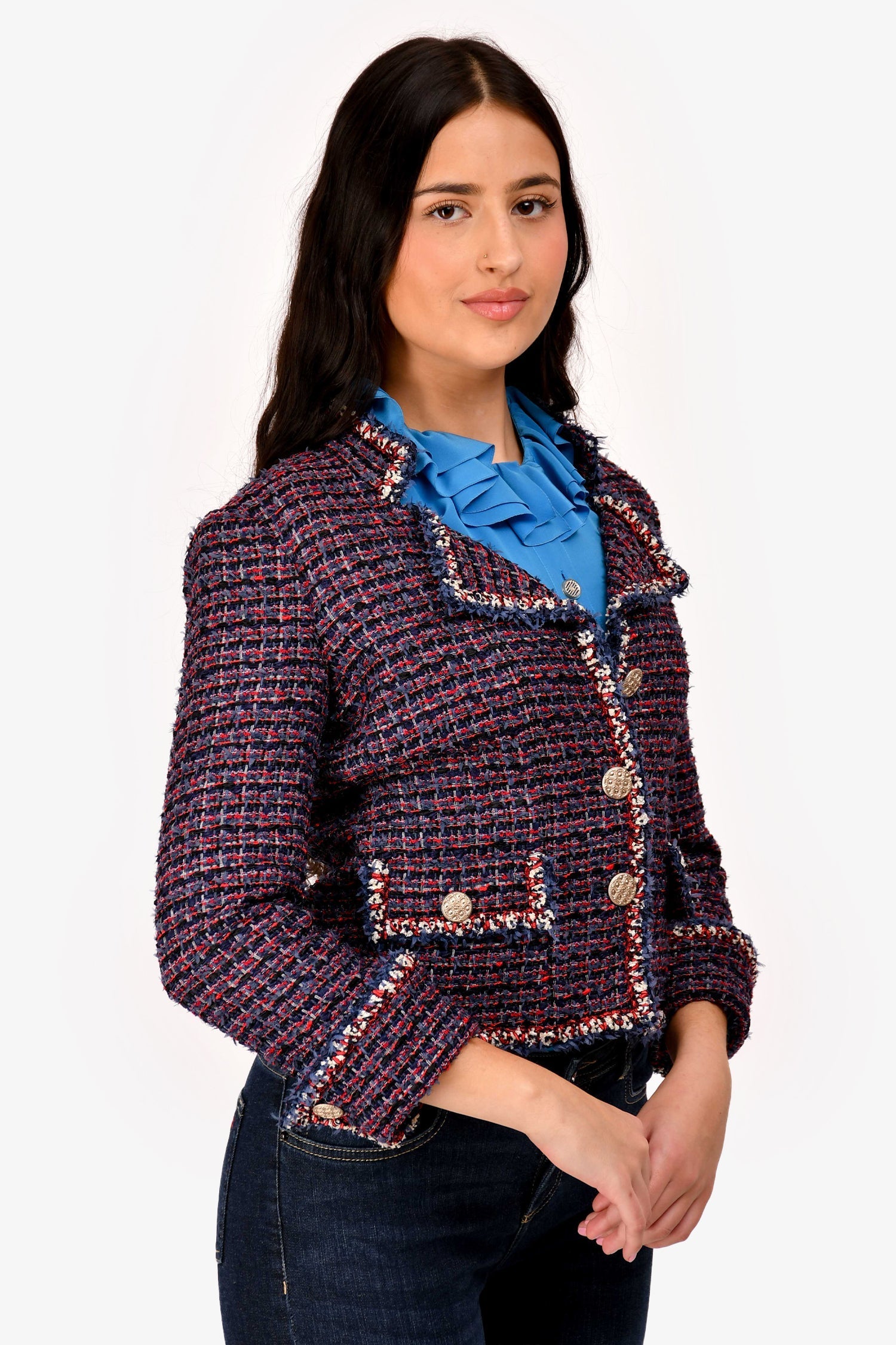 Chanel™ 2010 Red/Navy Blue Tweed Single Breasted Jacket Size 36