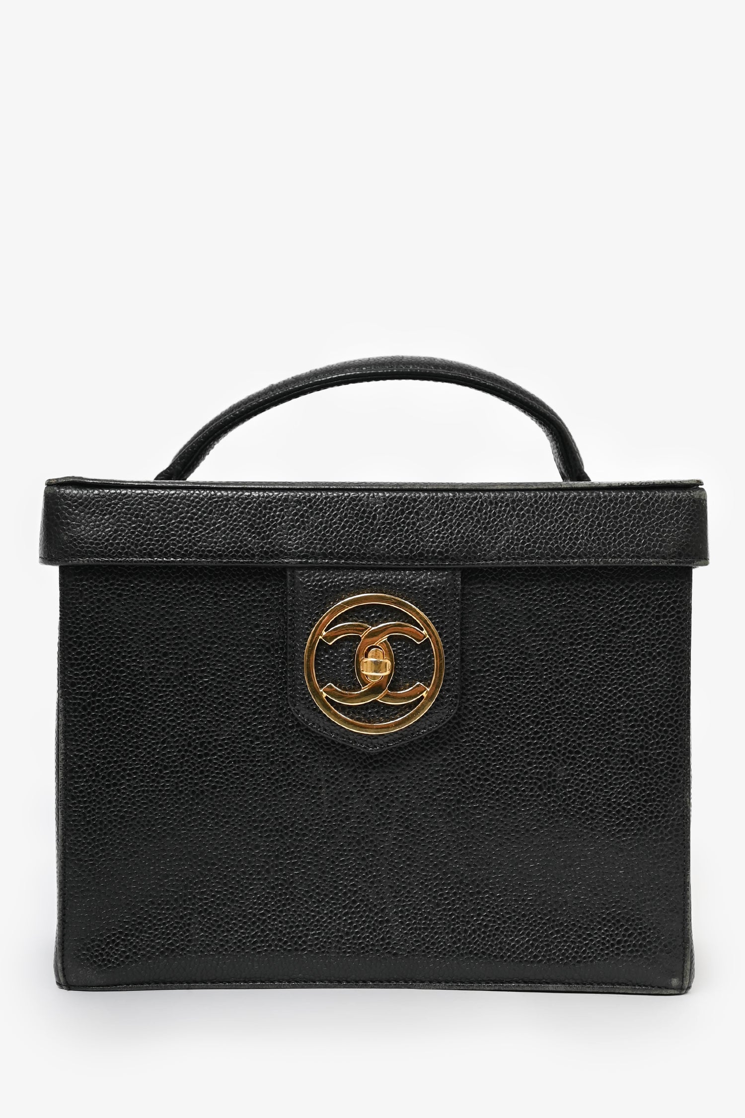 Chanel™ 1991-94 Vintage Black Caviar Leather CC Box Vanity Makeup Case with Chain Strap (As Is)