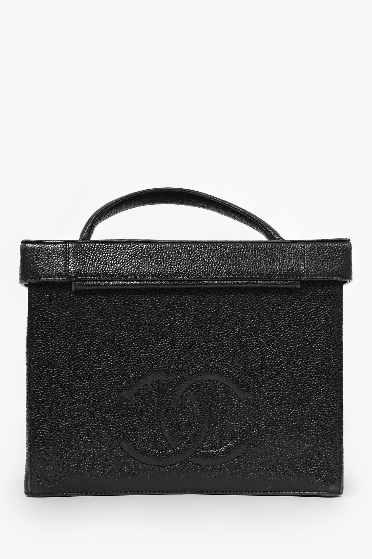 Chanel™ 1991-94 Vintage Black Caviar Leather CC Box Vanity Makeup Case with Chain Strap (As Is)
