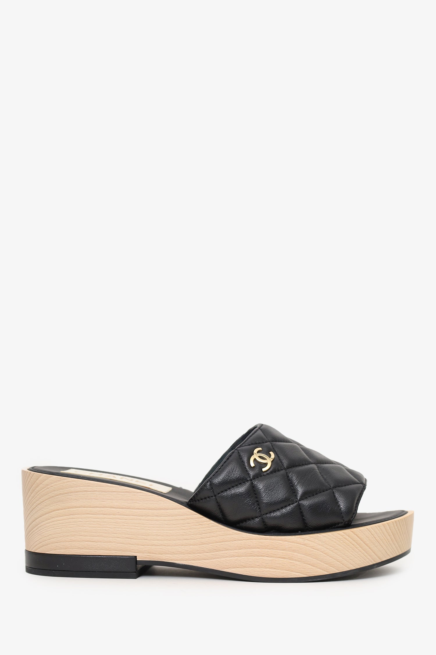 Chanel™ Black Quilted Leather Platform Wooden Sandals Size 40