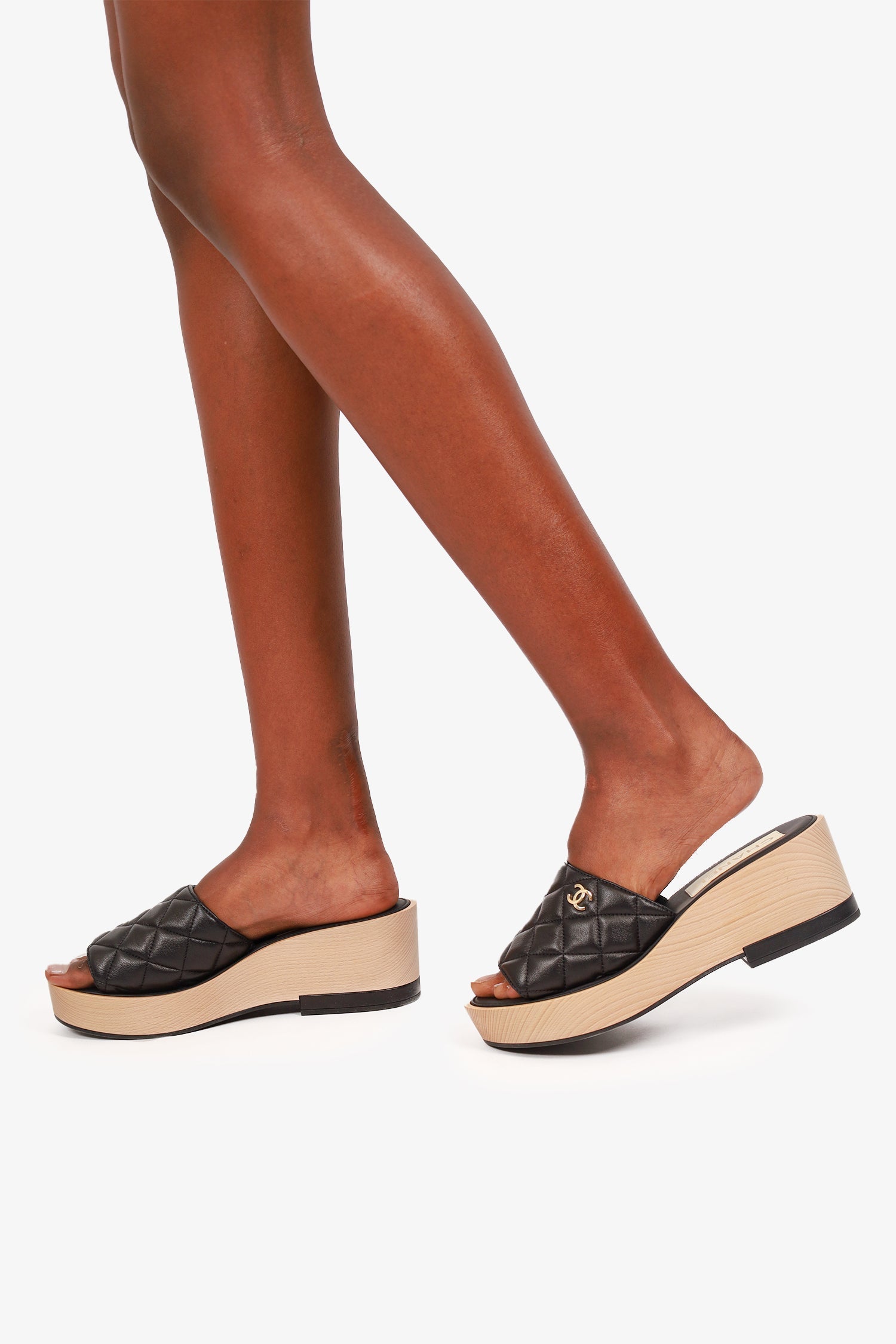 Chanel™ Black Quilted Leather Platform Wooden Sandals Size 40