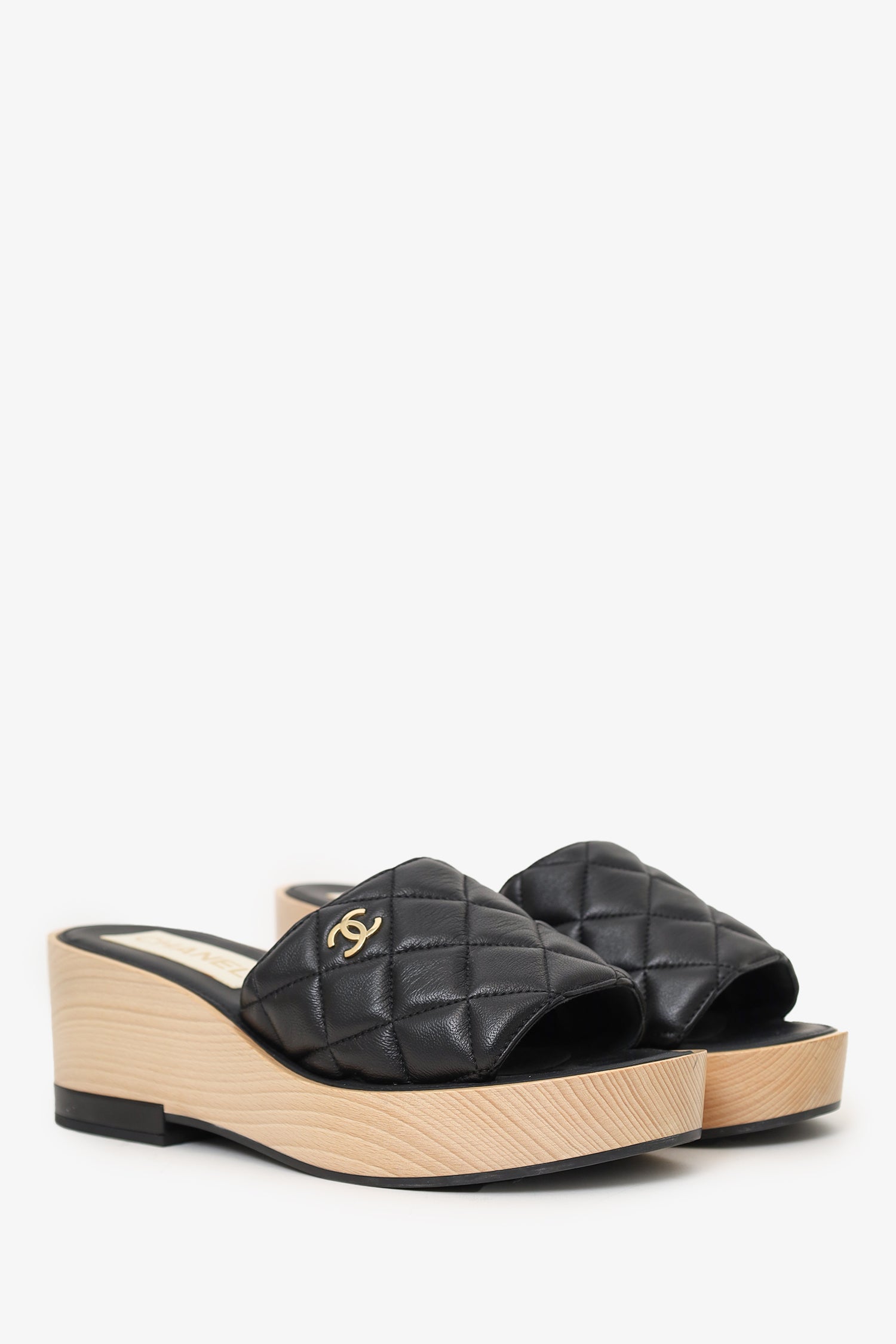 Chanel™ Black Quilted Leather Platform Wooden Sandals Size 40