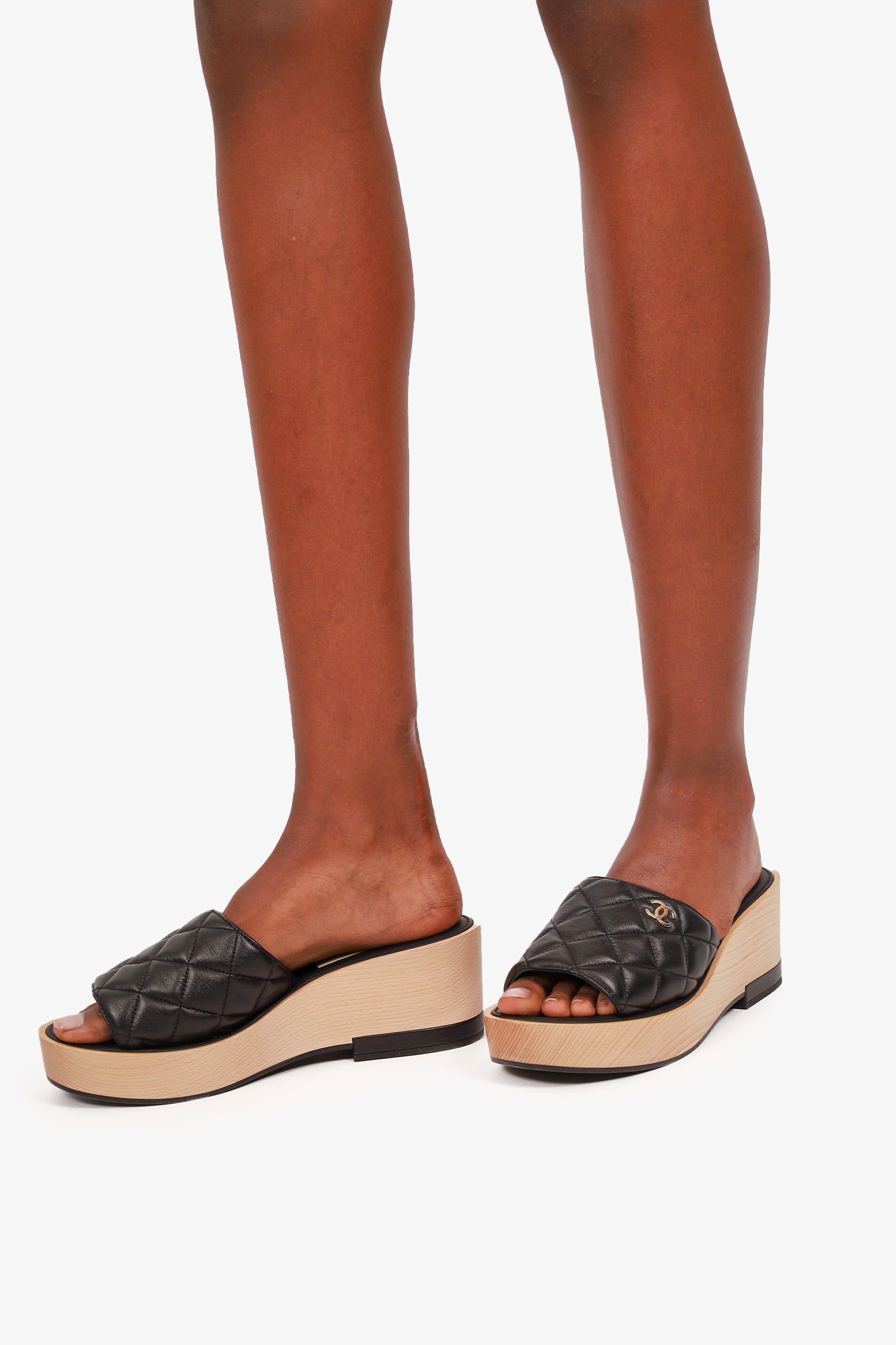 Chanel™ Black Quilted Leather Platform Wooden Sandals Size 40