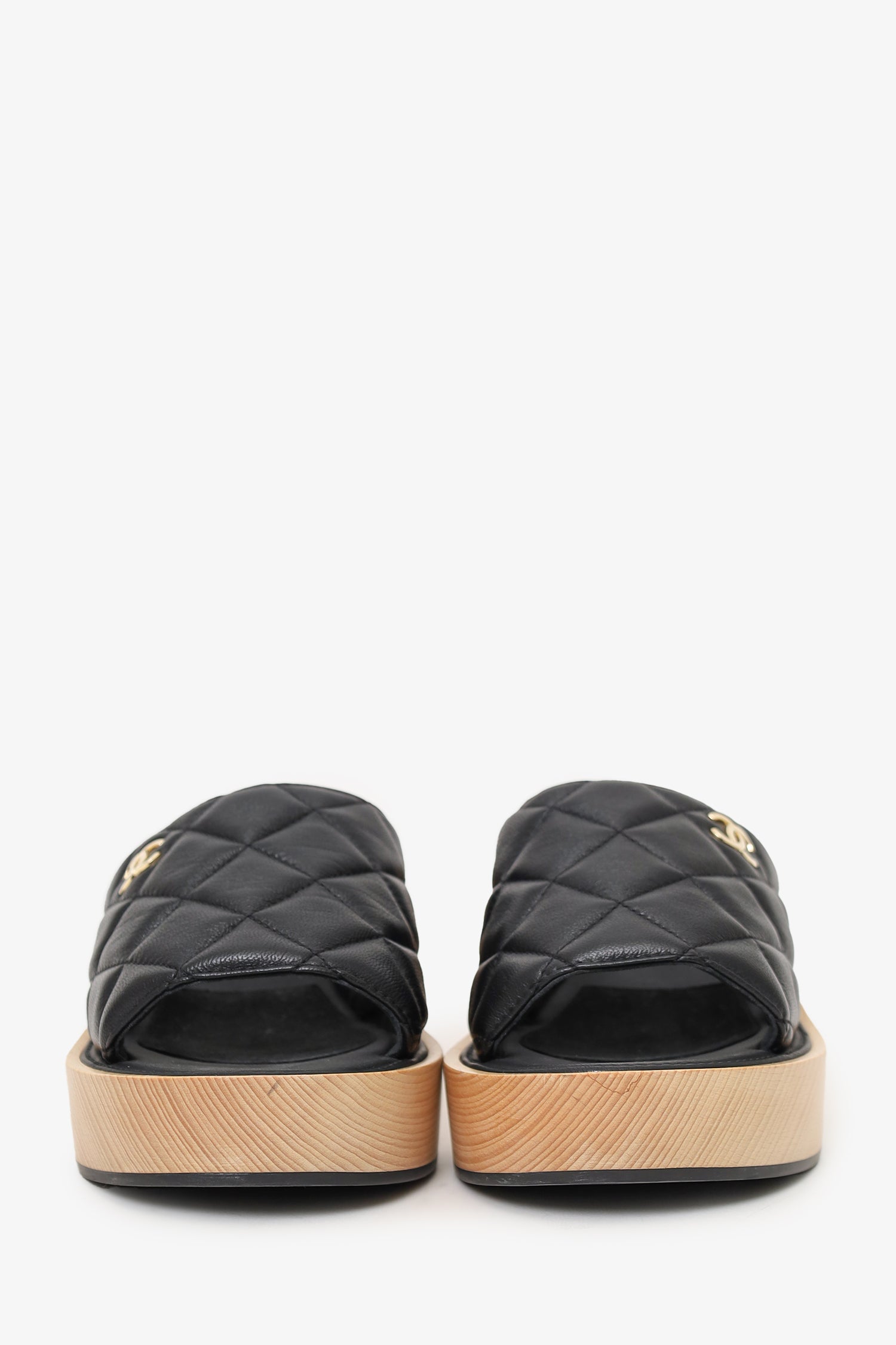 Chanel™ Black Quilted Leather Platform Wooden Sandals Size 40