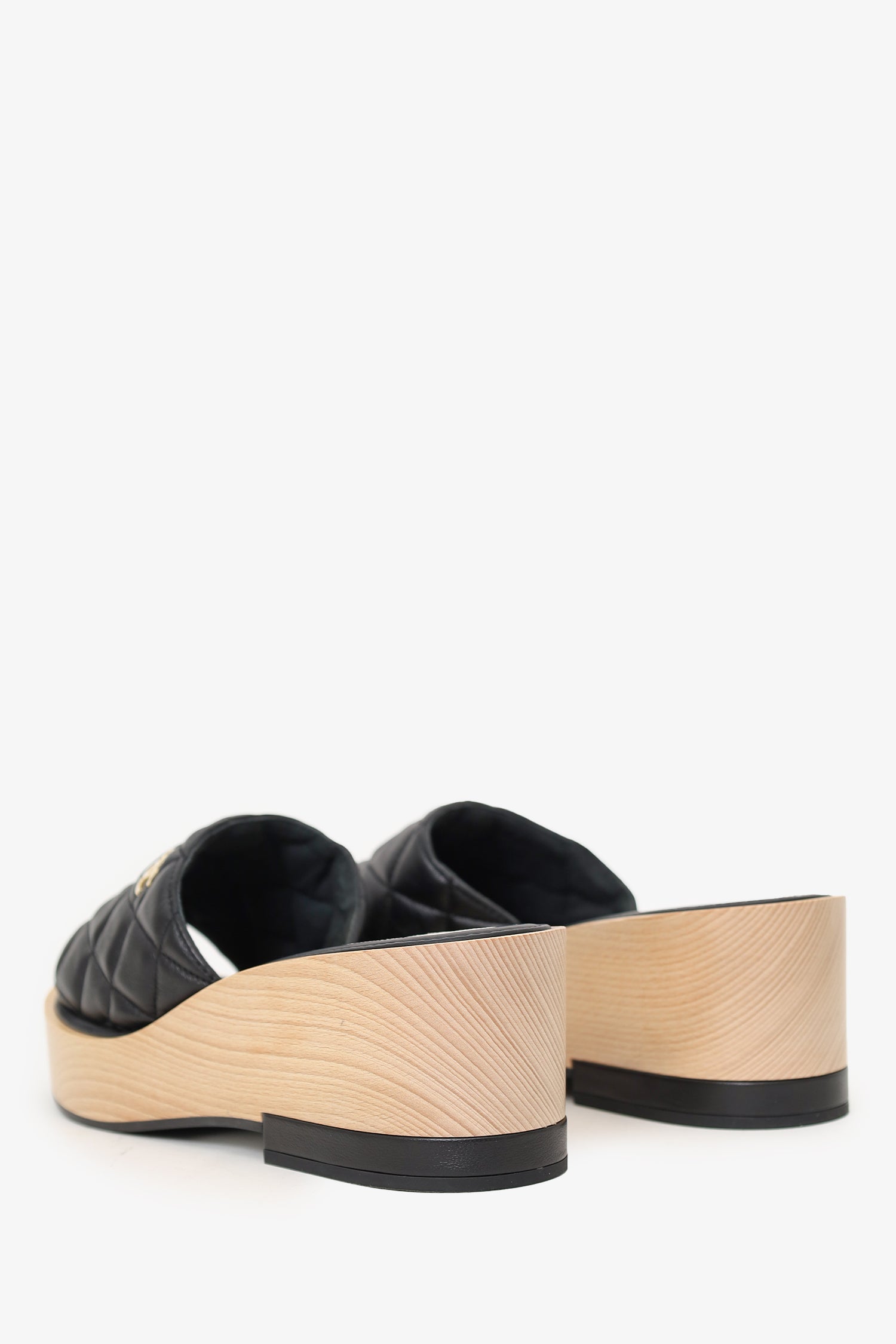 Chanel™ Black Quilted Leather Platform Wooden Sandals Size 40