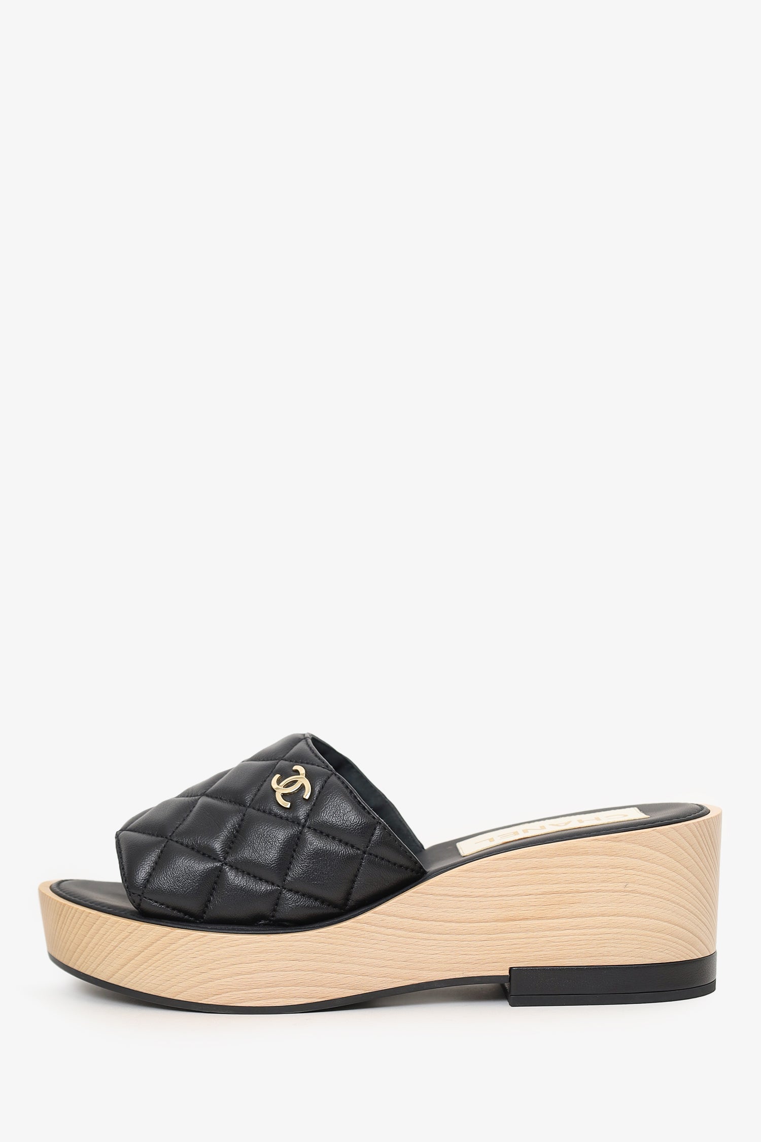 Chanel™ Black Quilted Leather Platform Wooden Sandals Size 40