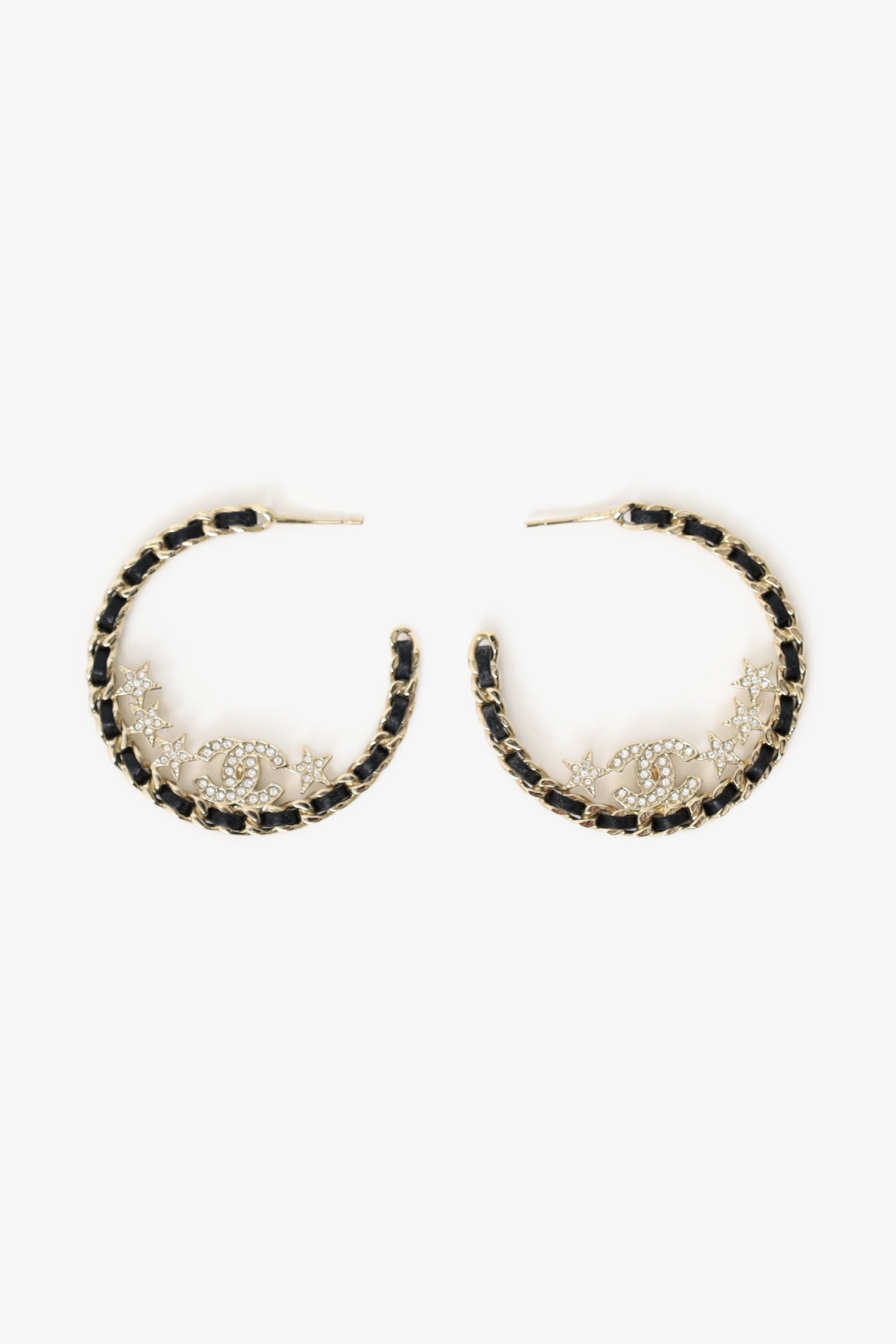 Chanel™ 2023 Gold-Tone/Black Leather Braided Crystal Star CC Hoop Earrings