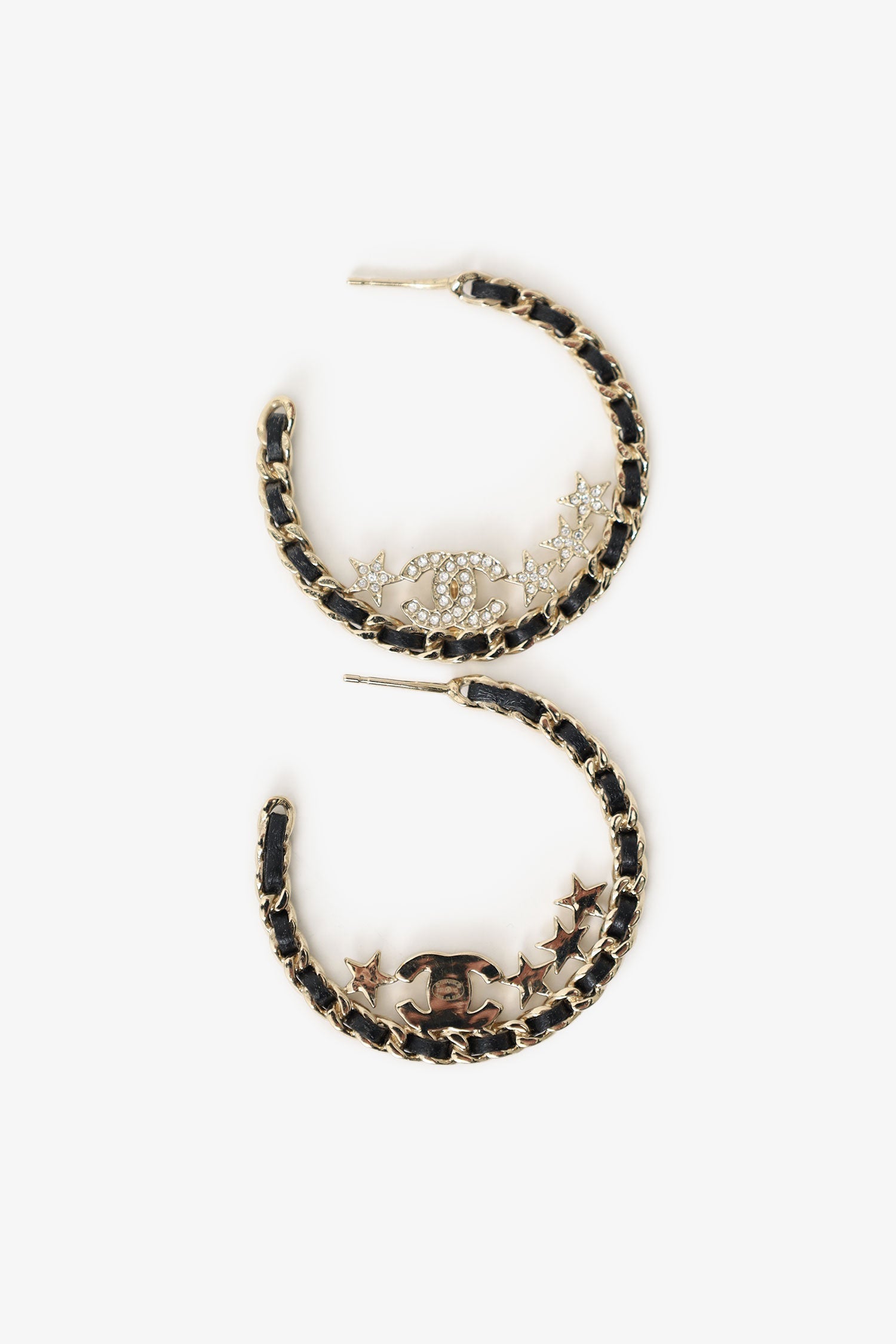 Chanel™ 2023 Gold-Tone/Black Leather Braided Crystal Star CC Hoop Earrings