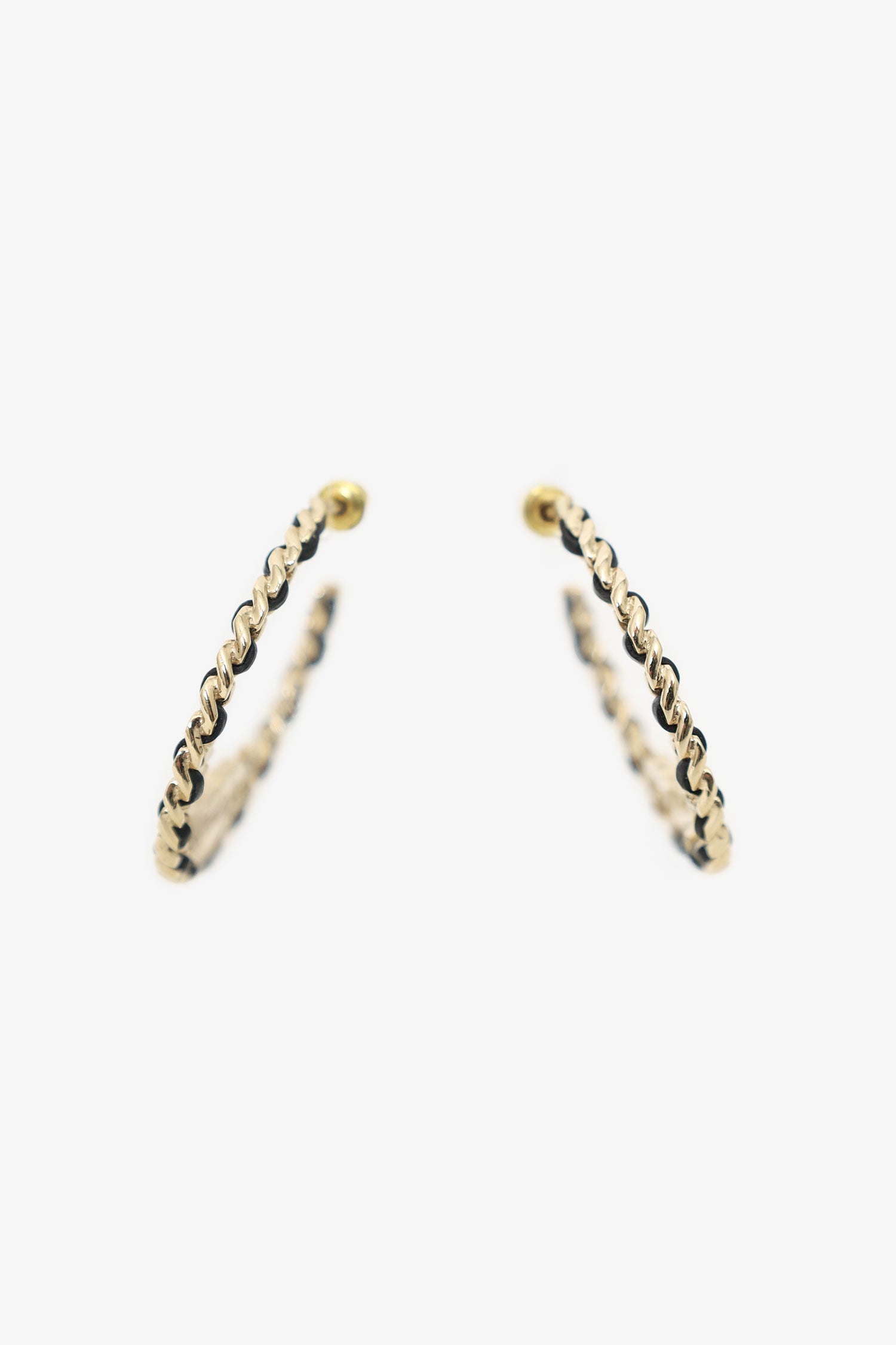 Chanel™ 2023 Gold-Tone/Black Leather Braided Crystal Star CC Hoop Earrings