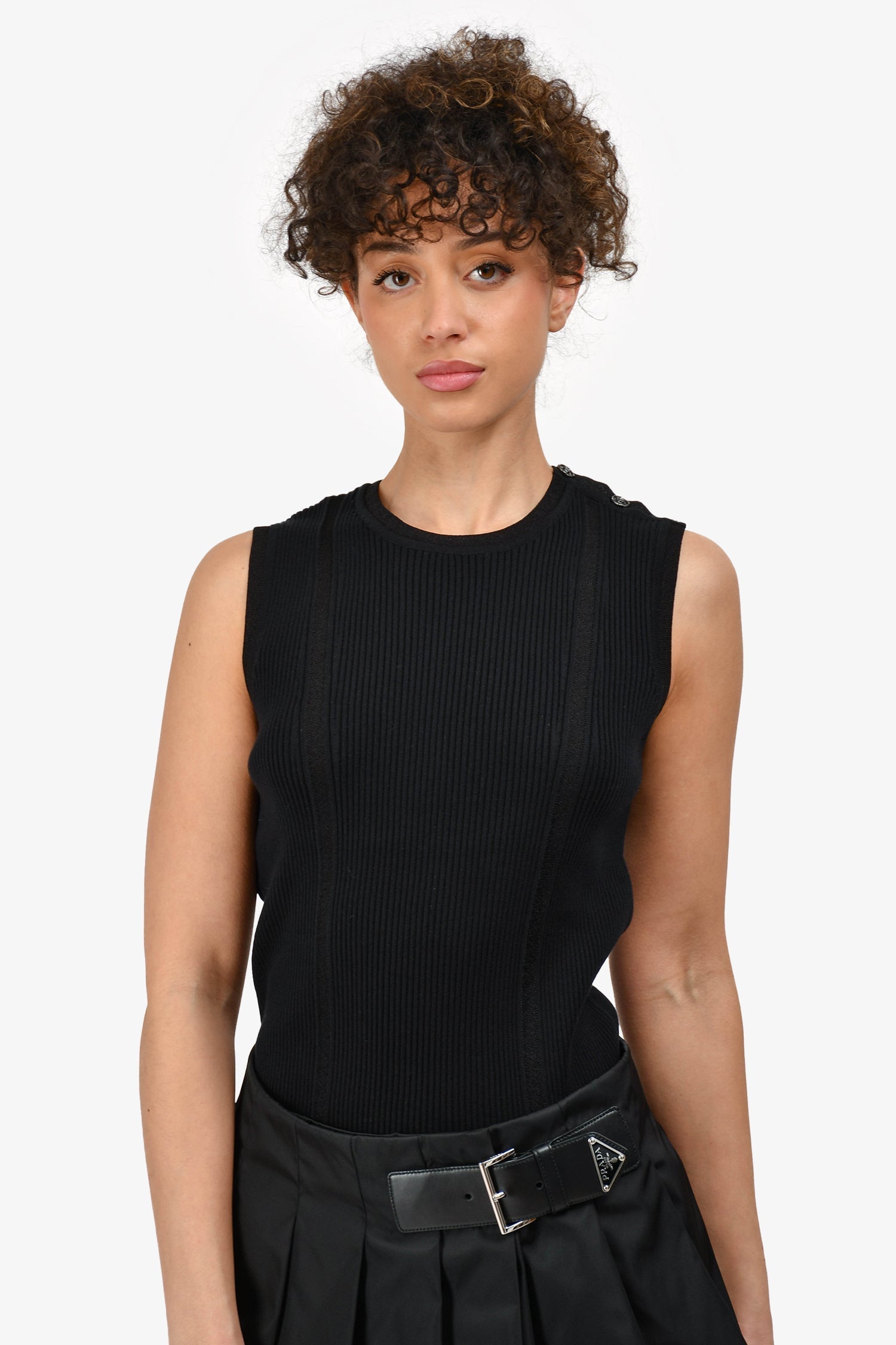 Chanel™ Black Cotton Ribbed Sleeveless Top Size 42