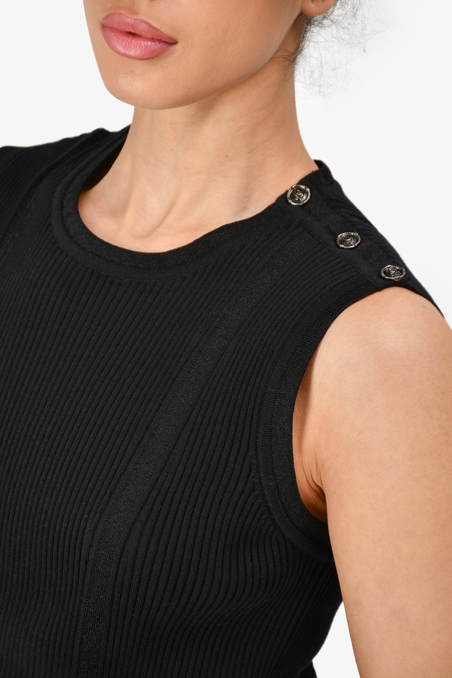 Chanel™ Black Cotton Ribbed Sleeveless Top Size 42