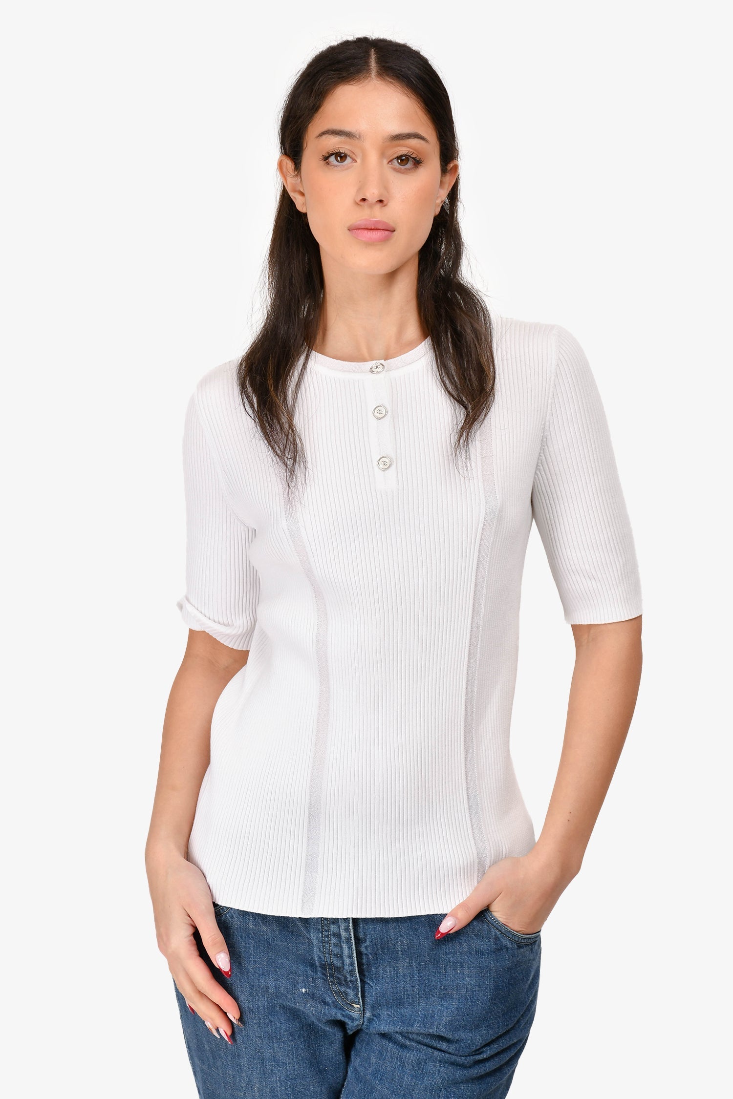 Chanel™ White Cotton Ribbed 3/4 Sleeve Sweater Size 48