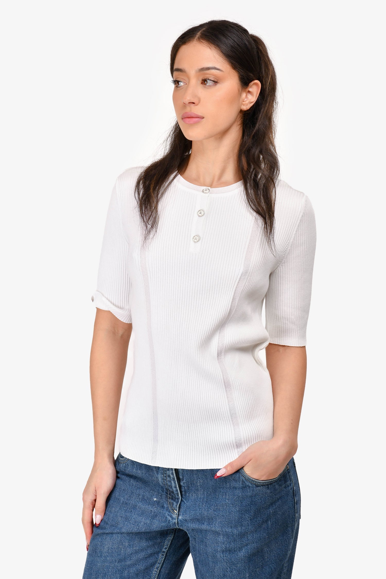 Chanel™ White Cotton Ribbed 3/4 Sleeve Sweater Size 48