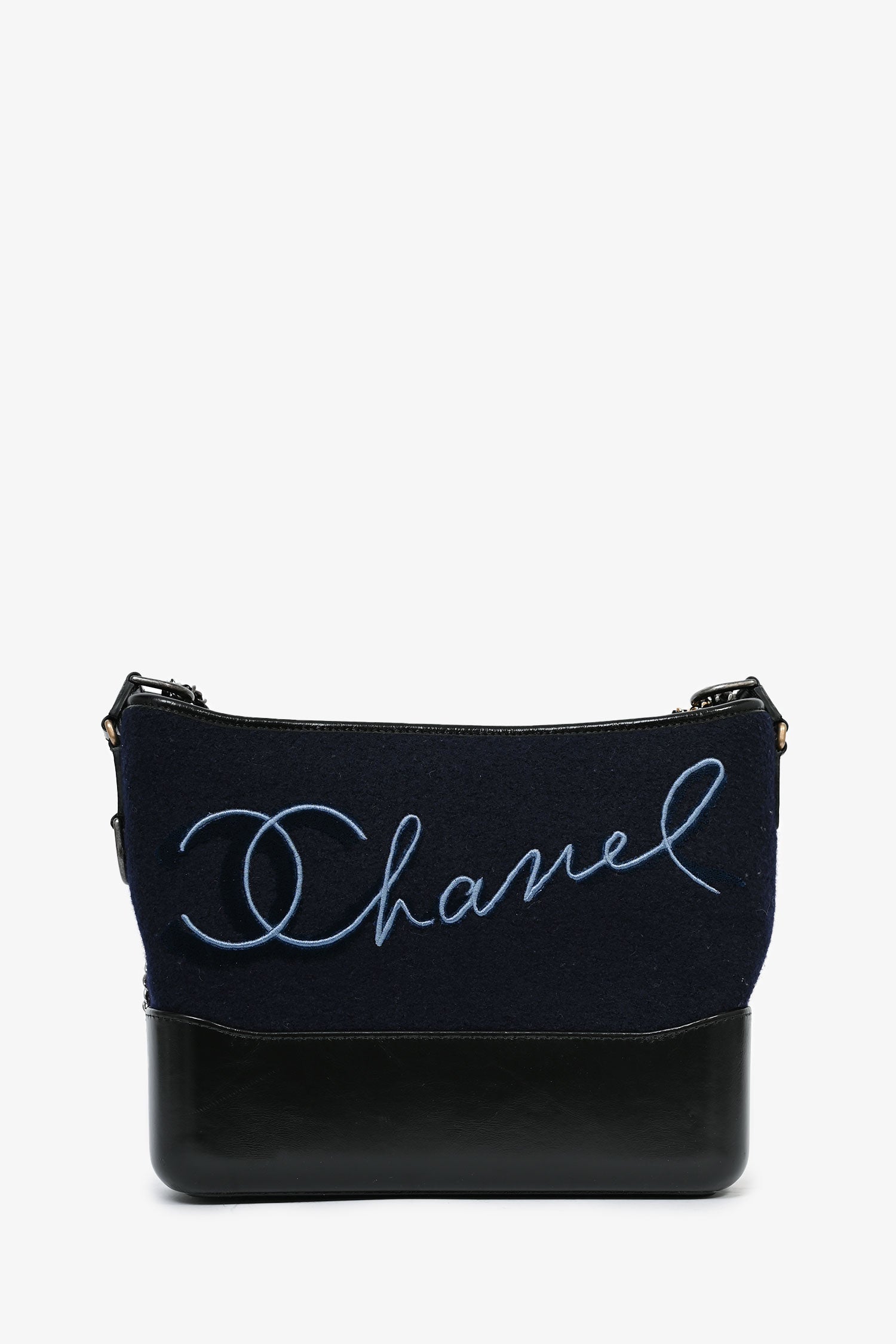 Chanel™ 2019 Navy Wool 'Paris Hamburg' Embroidered Large Gabrielle Hobo