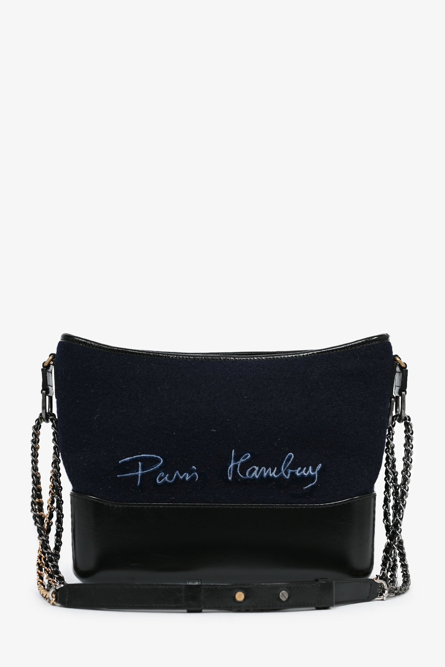 Chanel™ 2019 Navy Wool 'Paris Hamburg' Embroidered Large Gabrielle Hobo