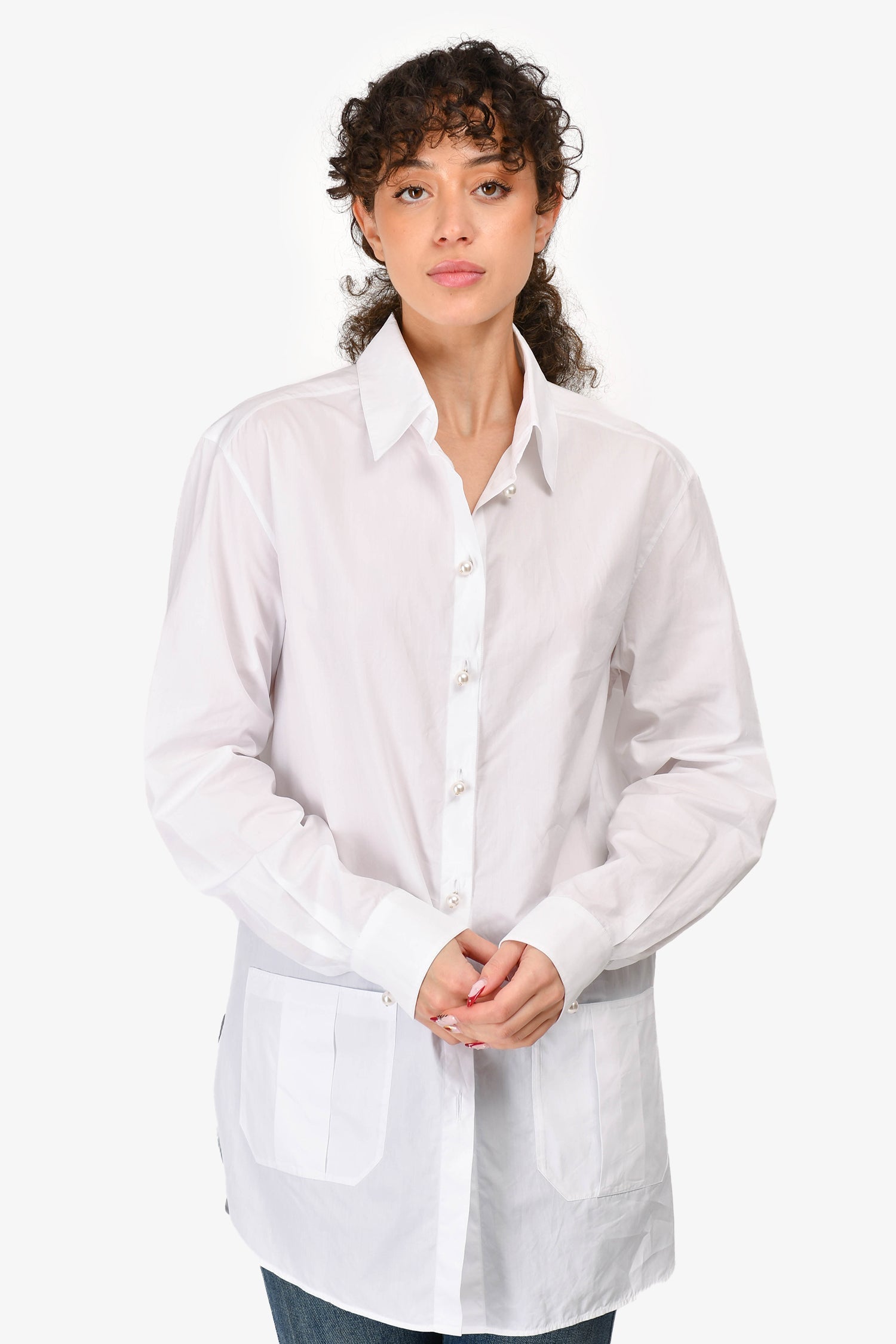 Chanel™ White Cotton Pearl Button Up Shirt Size 38