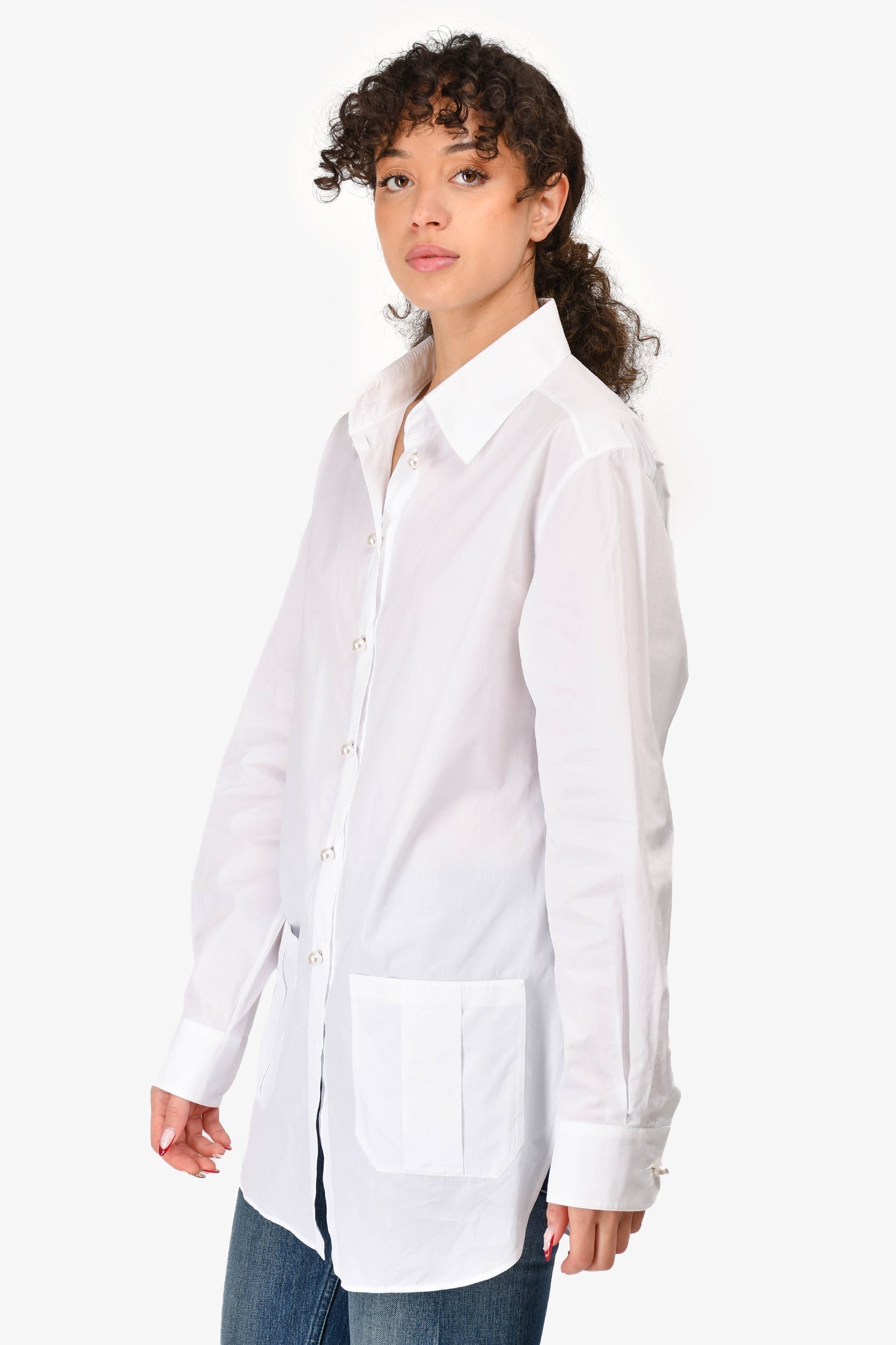 Chanel™ White Cotton Pearl Button Up Shirt Size 38