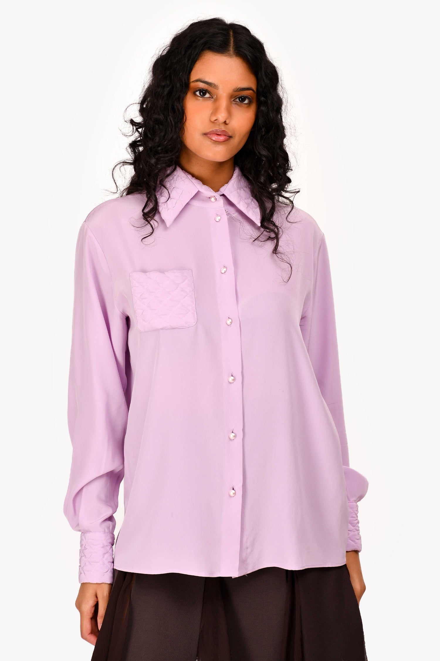 Chanel™ Lavender Silk CC Button Quilted Details Blouse Size 38