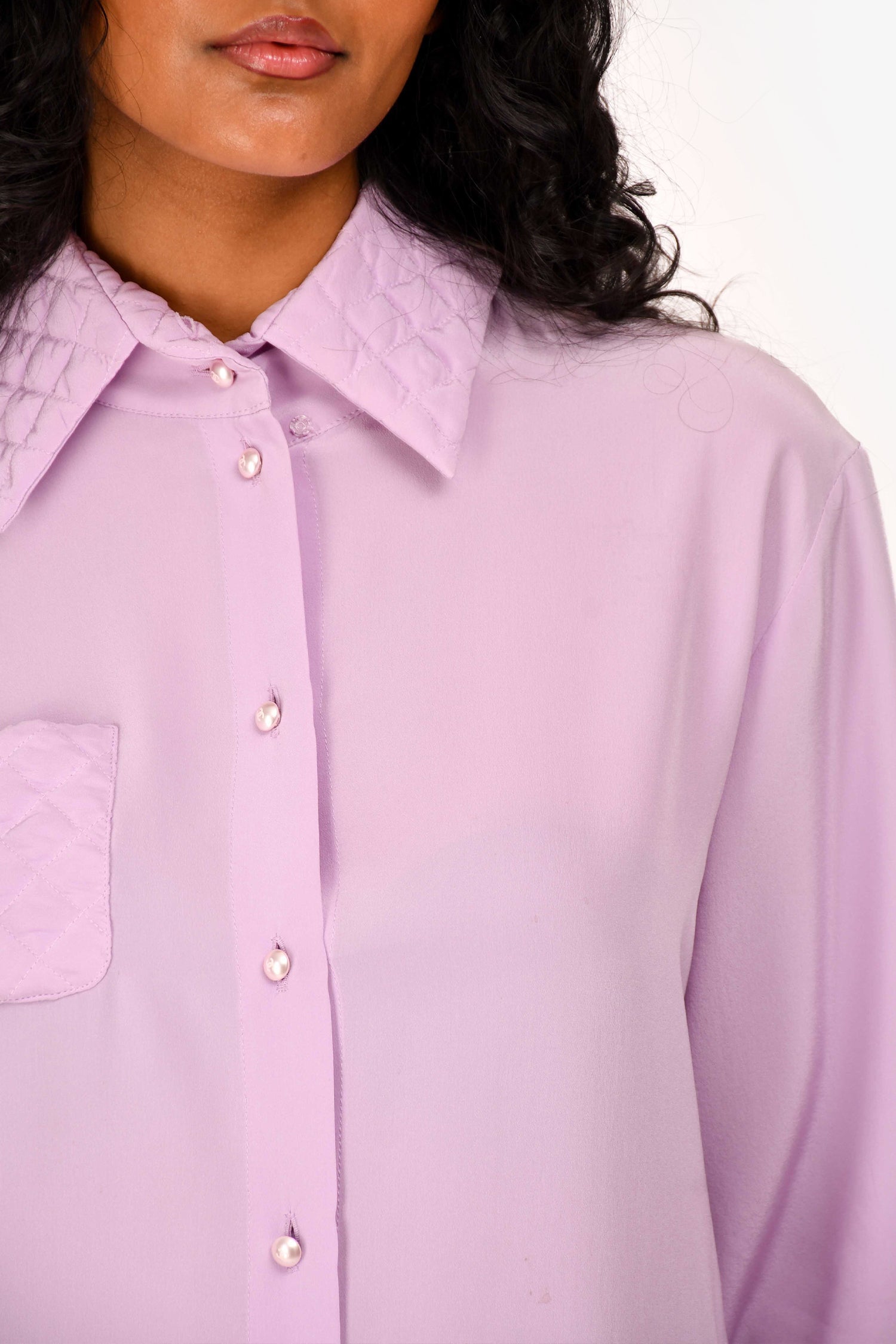 Chanel™ Lavender Silk CC Button Quilted Details Blouse Size 38
