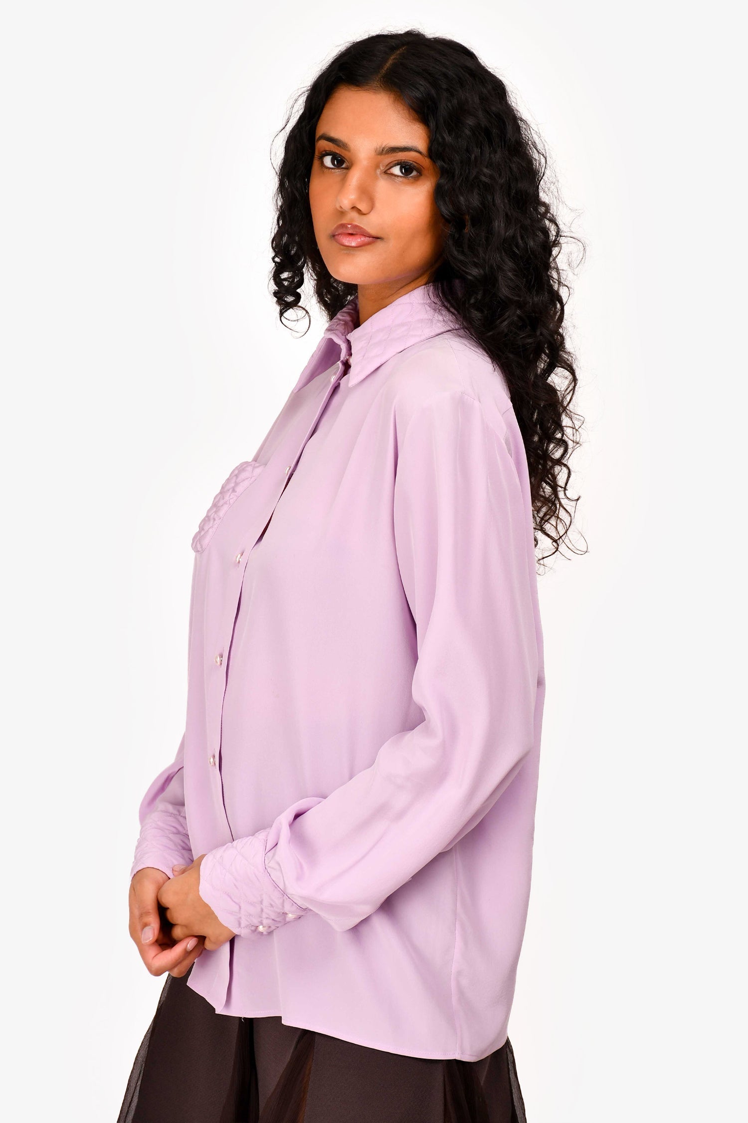 Chanel™ Lavender Silk CC Button Quilted Details Blouse Size 38