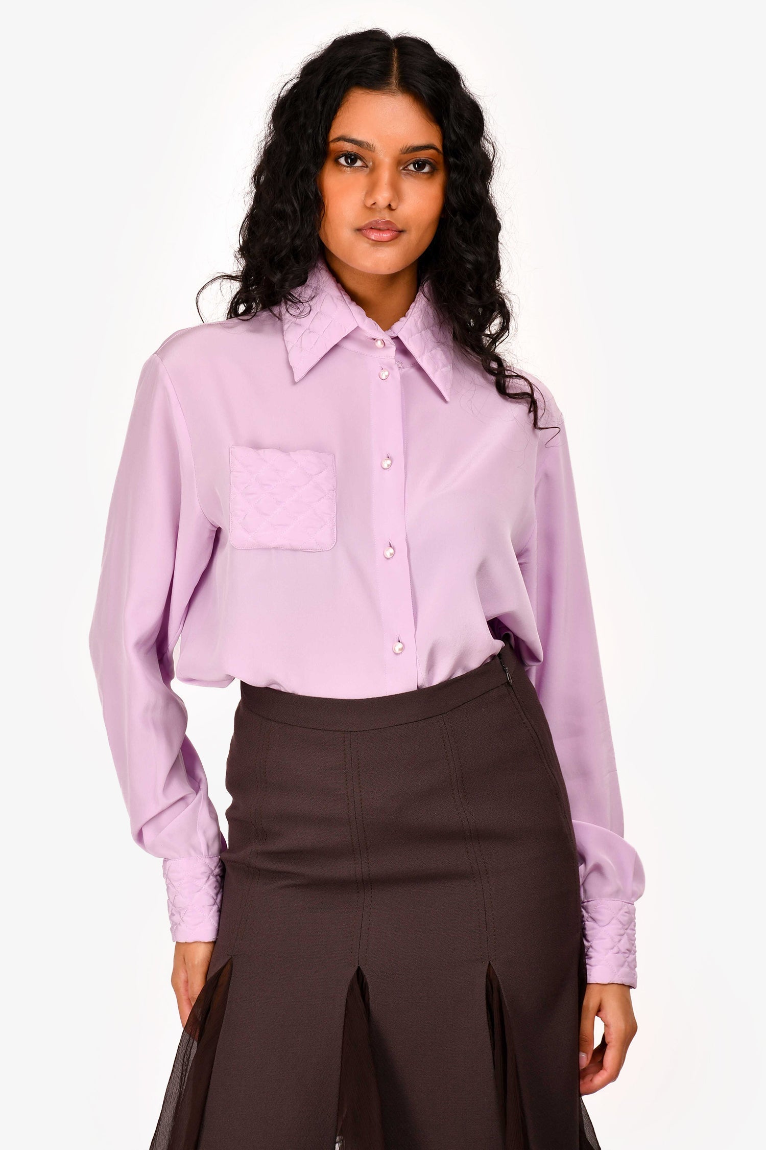 Chanel™ Lavender Silk CC Button Quilted Details Blouse Size 38