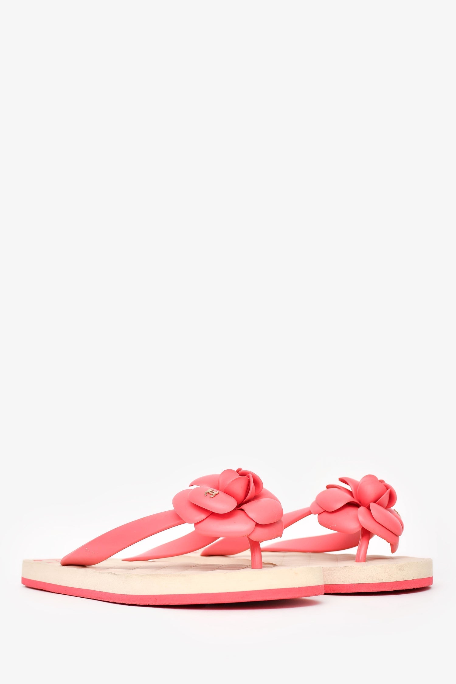 Chanel™ Pink Rubber Camellia Flower Thong Sandals Size 37