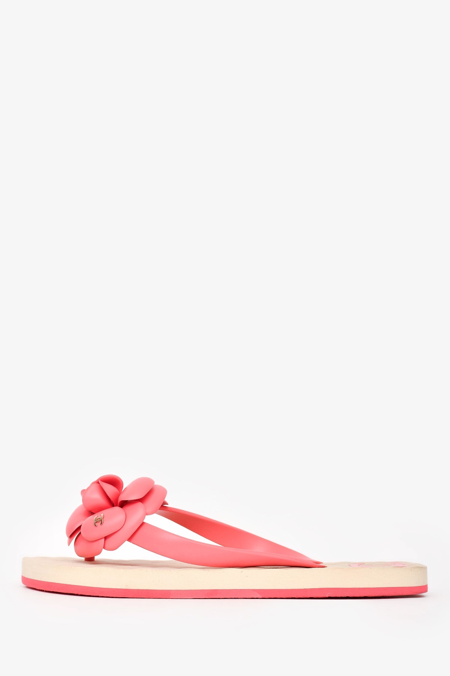 Chanel™ Pink Rubber Camellia Flower Thong Sandals Size 37