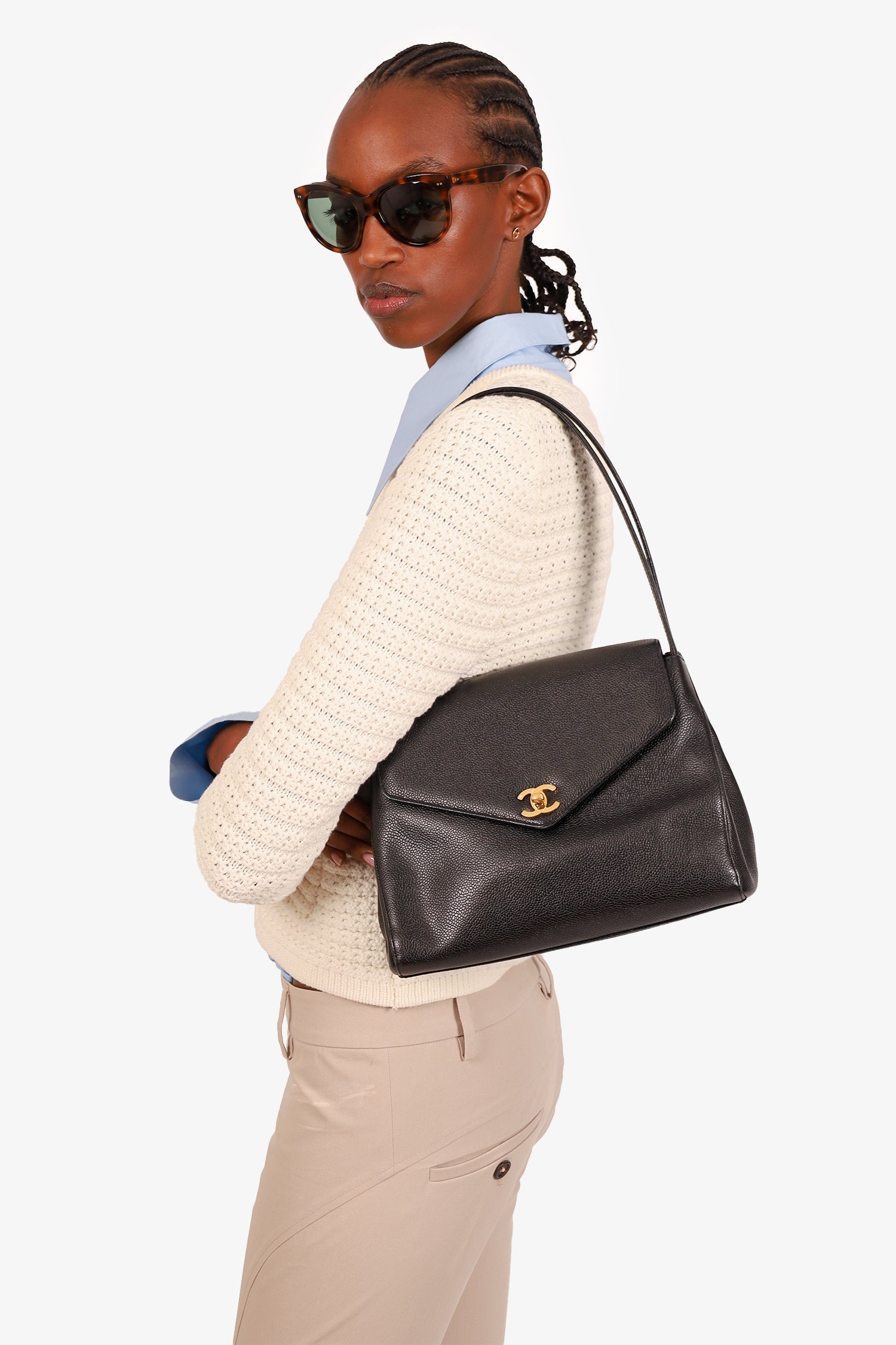 Chanel™ 1997-99 Black Caviar CC Turnlock Envelope Shoulder Bag