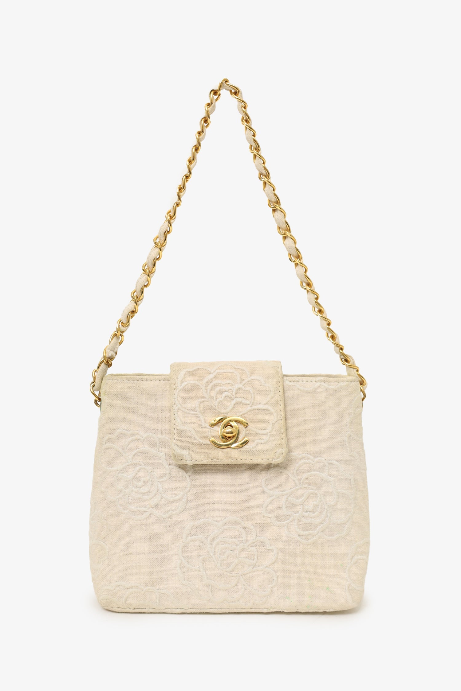 Chanel™ 1997-99 Beige Canvas Camellia Embroidered Bucket Bag (As Is)