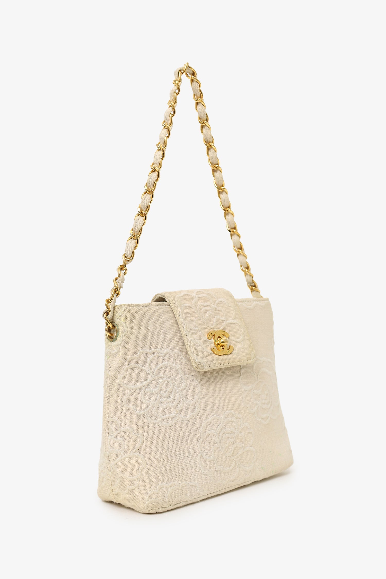 Chanel™ 1997-99 Beige Canvas Camellia Embroidered Bucket Bag (As Is)