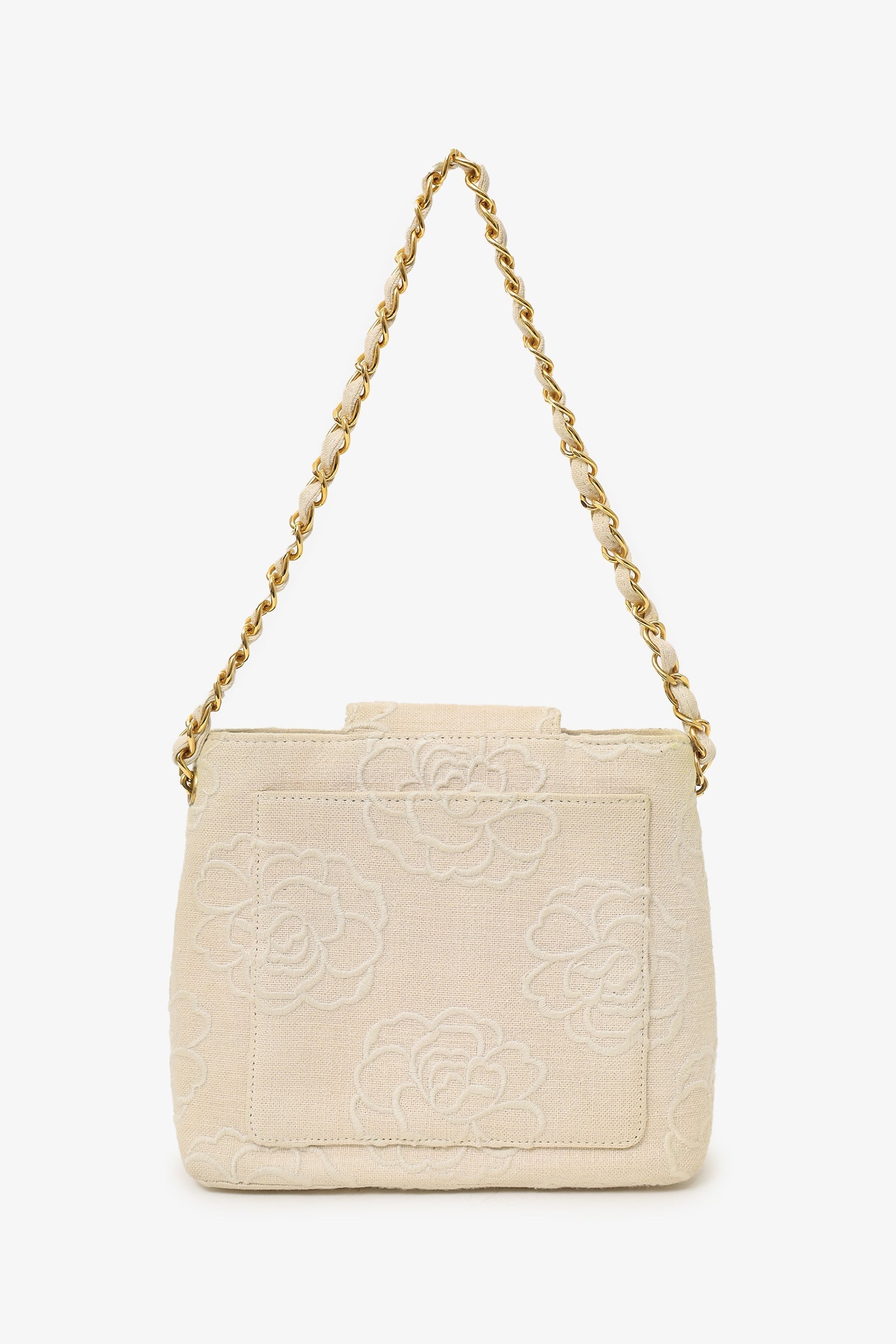 Chanel™ 1997-99 Beige Canvas Camellia Embroidered Bucket Bag (As Is)