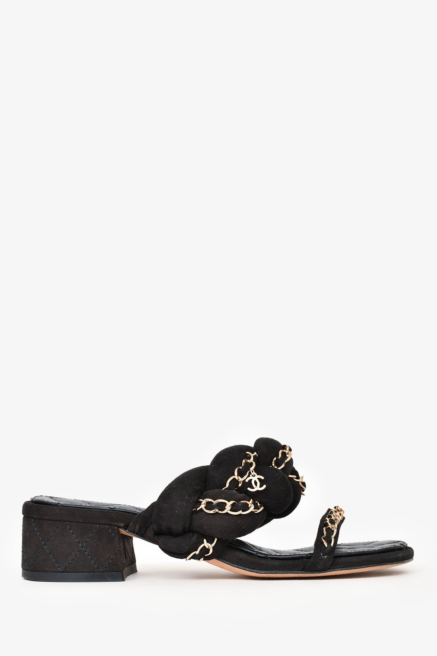 Chanel™ 2017 Black Leather Chain Detailed Sandals Size 35.5