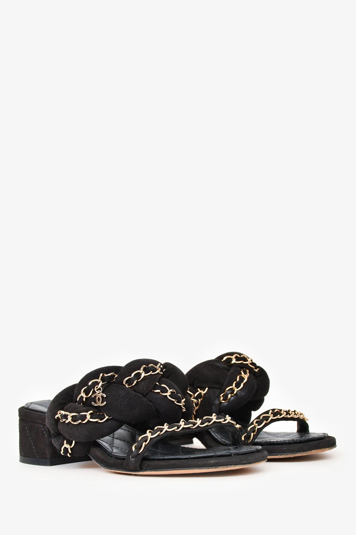 Chanel™ 2017 Black Leather Chain Detailed Sandals Size 35.5